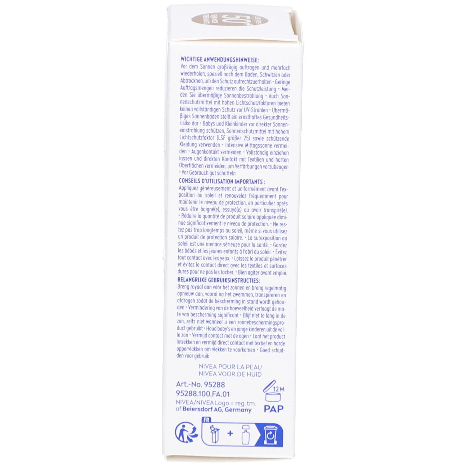 Verpackung. Text in mehreren Sprachen. Aufschrift: Anwendungshinweise. NIVEA POUR LA PEAU.