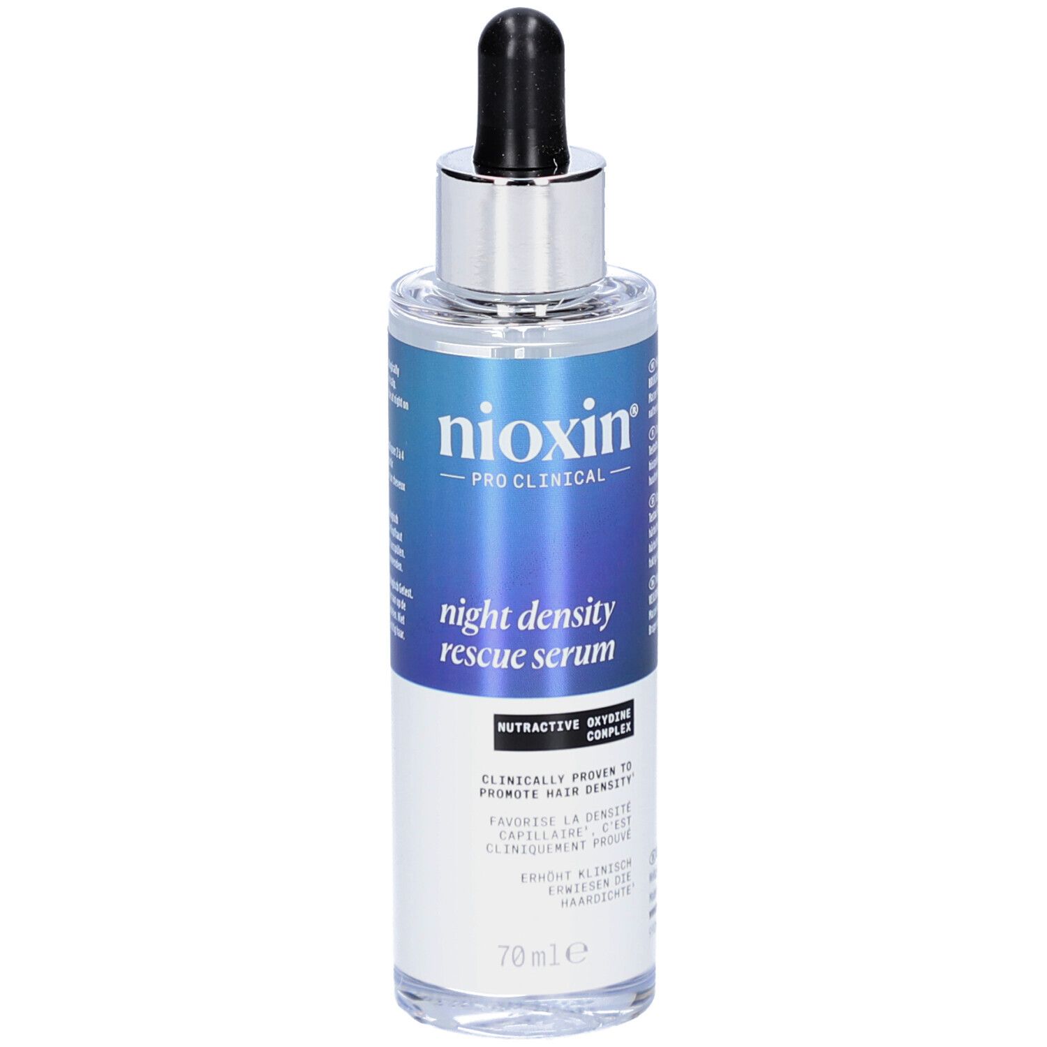 Nioxin Night Density Rescue Serum. Flasche mit Pipette. Blaue und weiße Etikettierung. 70ml.