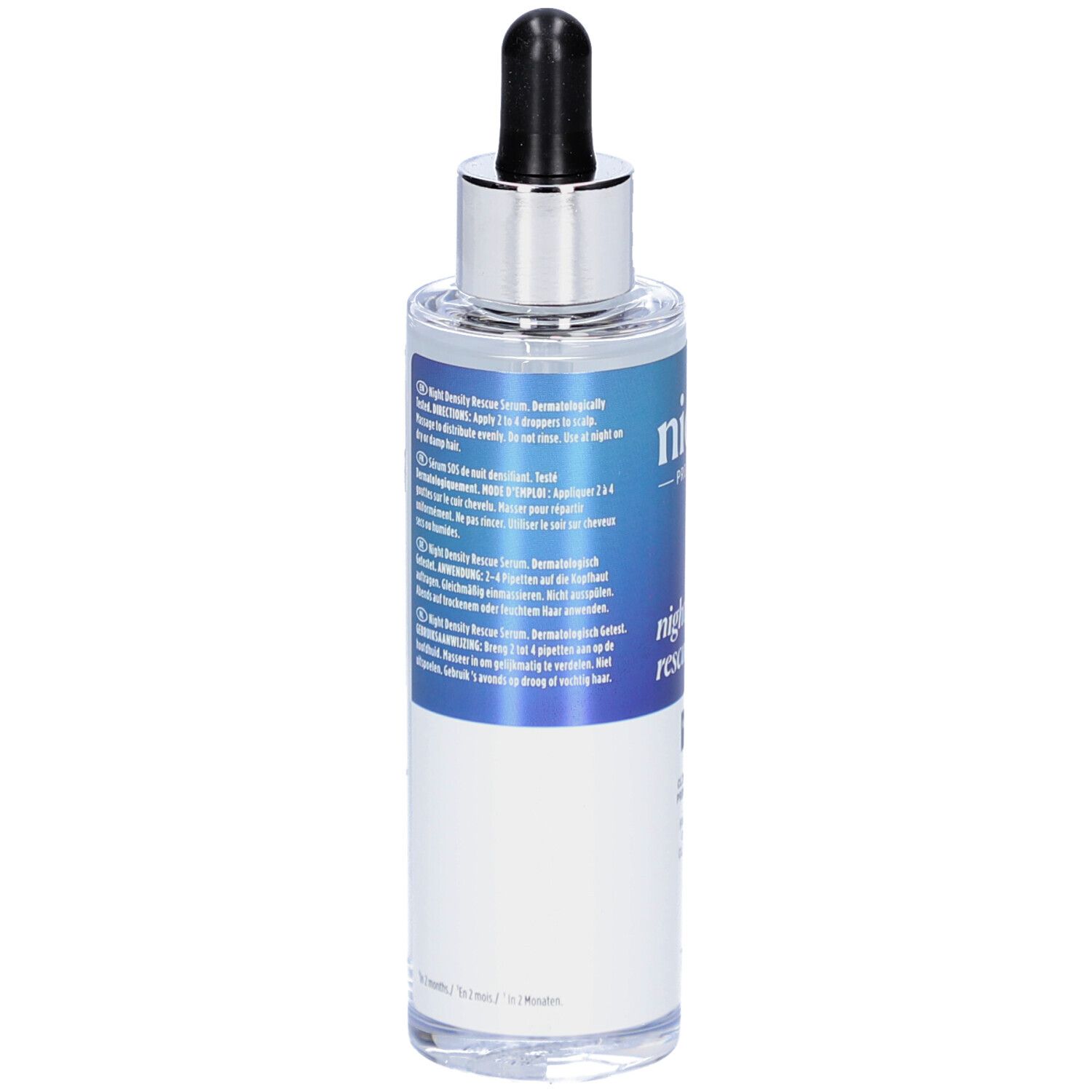 Rückseite der Nioxin Night Density Rescue Serum Flasche. Text in mehreren Sprachen. 70ml.