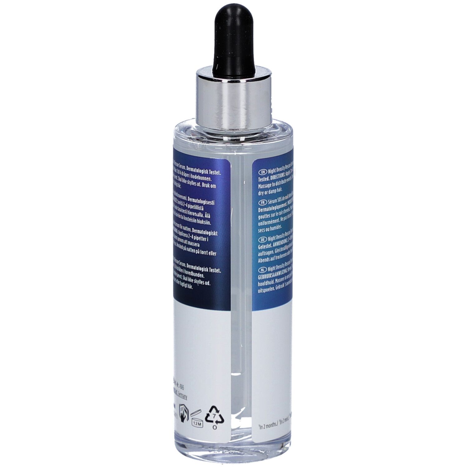 Rückseite der Nioxin Night Density Rescue Serum Flasche. Text in mehreren Sprachen. 70ml.