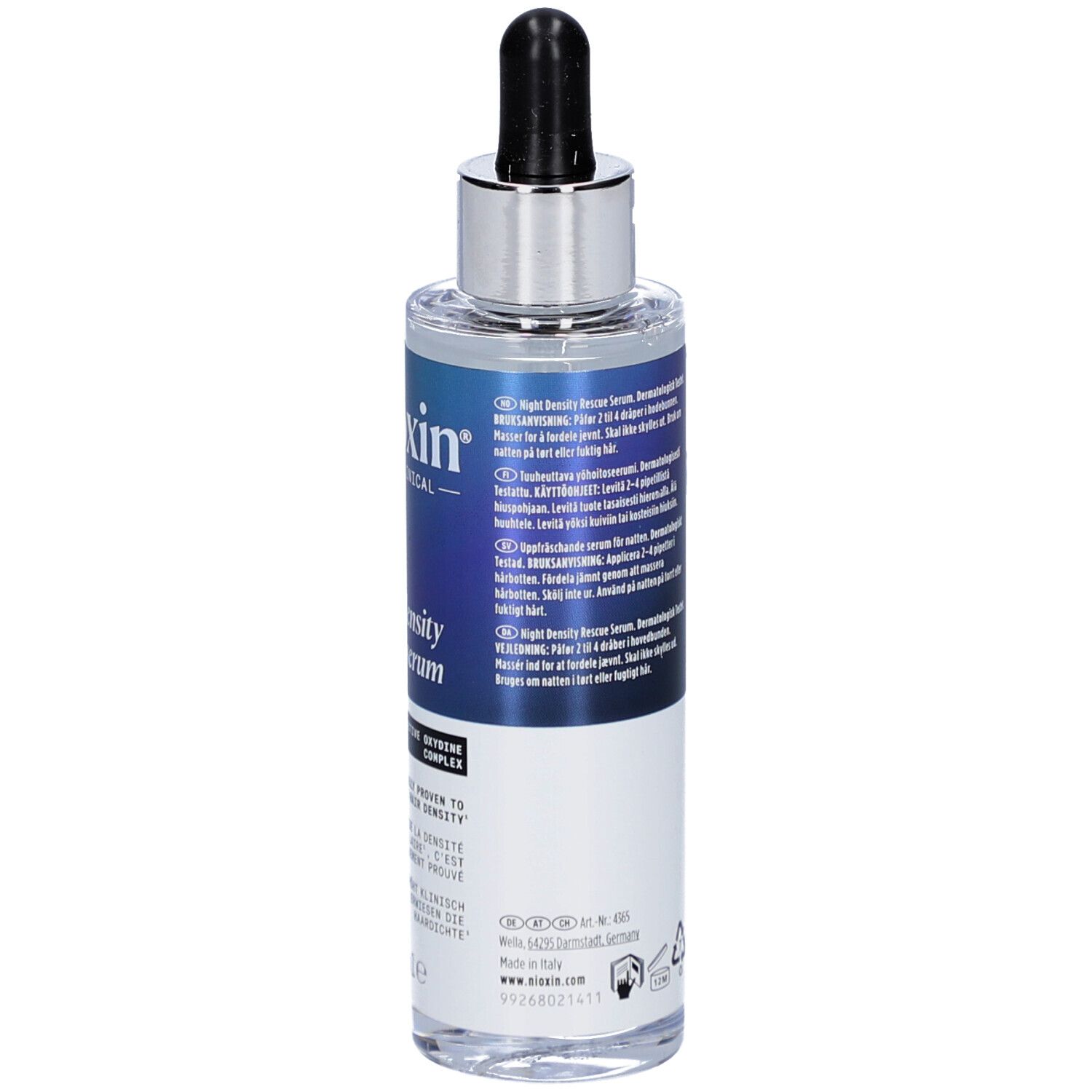 Rückseite der Nioxin Night Density Rescue Serum Flasche. Text in mehreren Sprachen. 70ml.