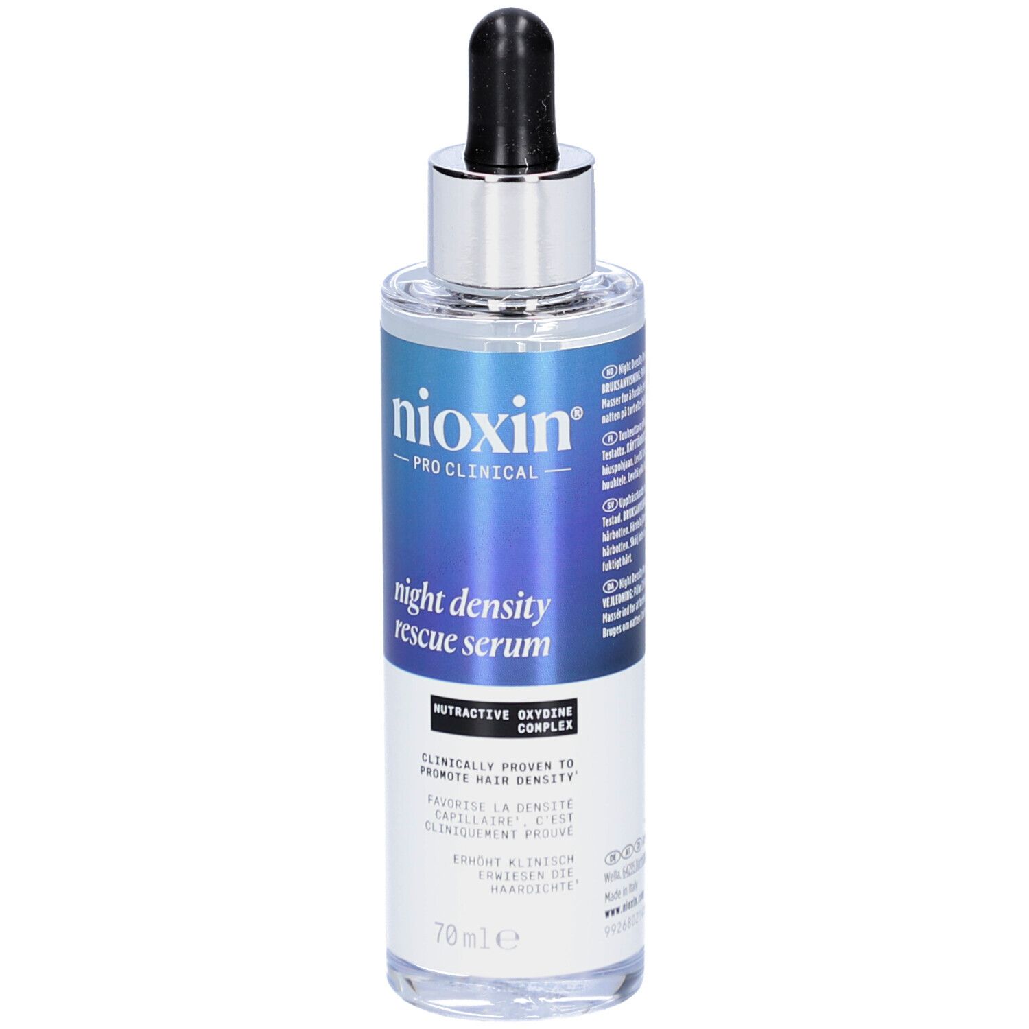 Nioxin Night Density Rescue Serum. Flasche mit Pipette. Blaue und weiße Etikettierung. 70ml.