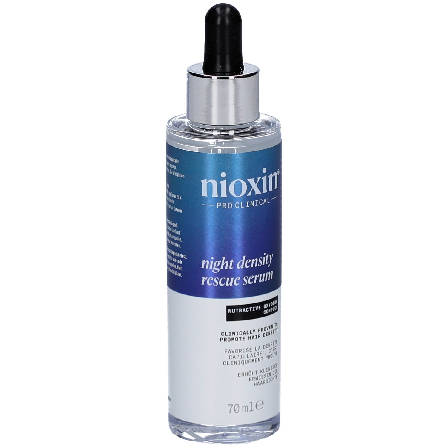 Nioxin Night Density Rescue Serum. Flasche mit Pipette. Blaue und weiße Etikettierung. 70ml.