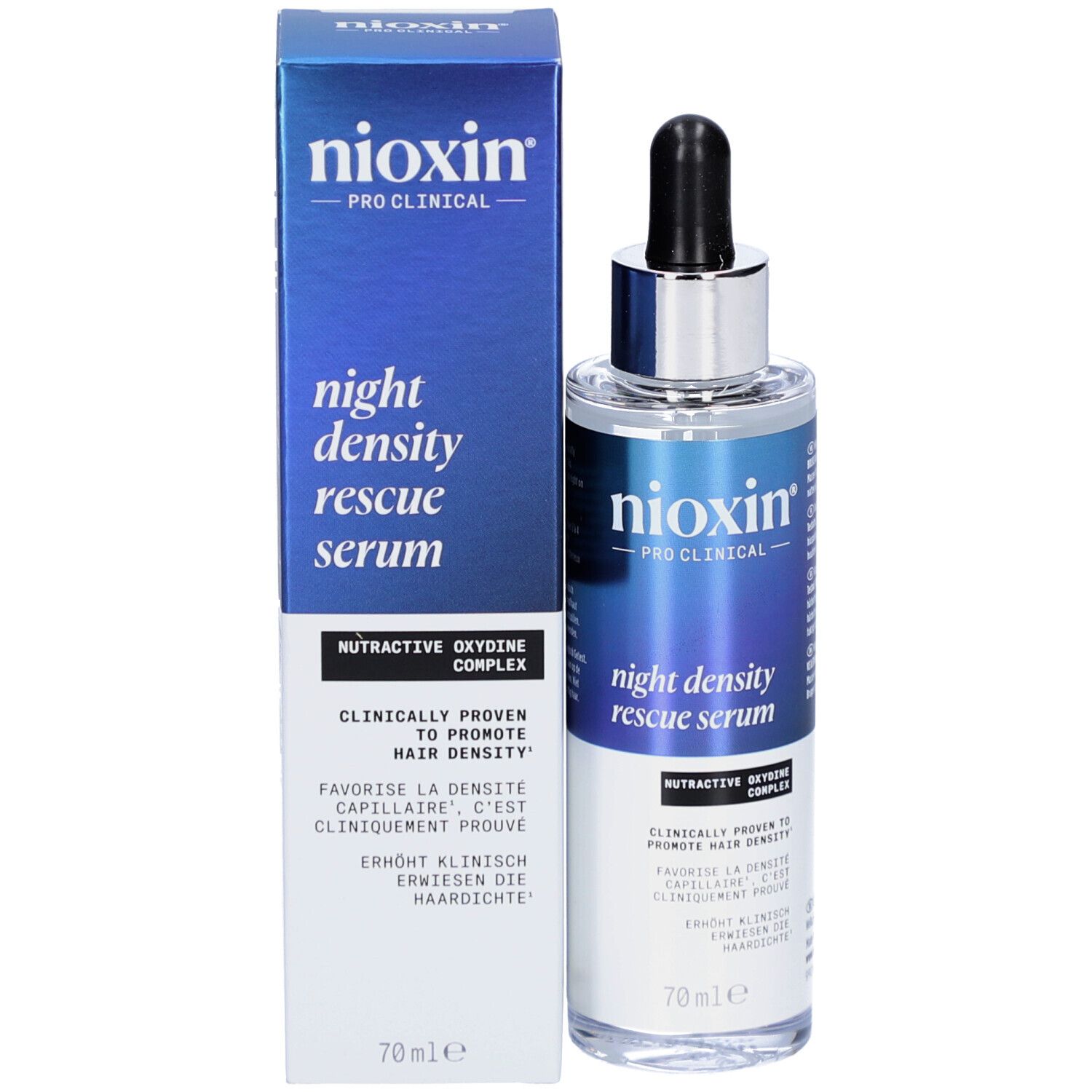 Nioxin Night Density Rescue Serum und Verpackung. Blaue Verpackung mit Text. 70ml.