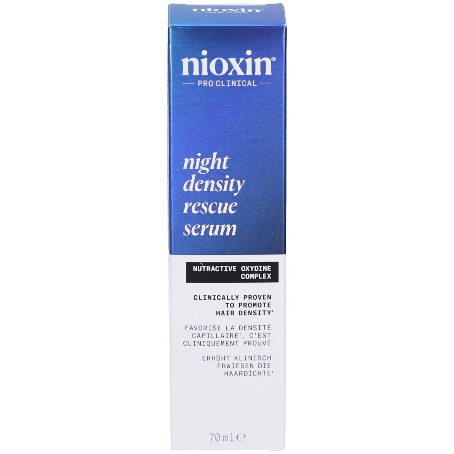 Nioxin Night Density Rescue Serum Verpackung. Blaue Verpackung mit Text. 70ml.