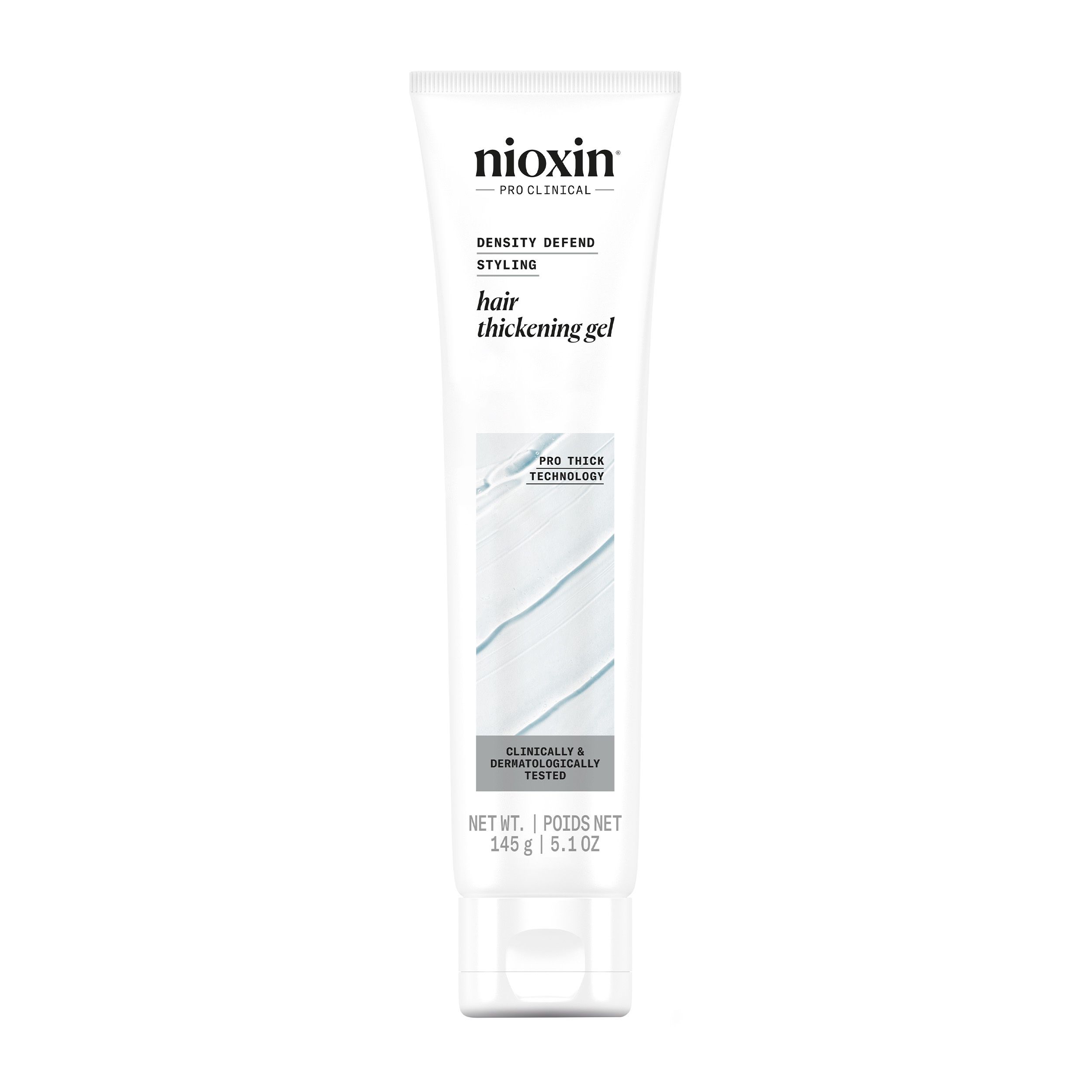 Tube blanche de gel Nioxin. Inscriptions : Density Defend Styling, Hair Thickening Gel, Pro Thick Technology. Testé cliniquement et dermatologiquement.