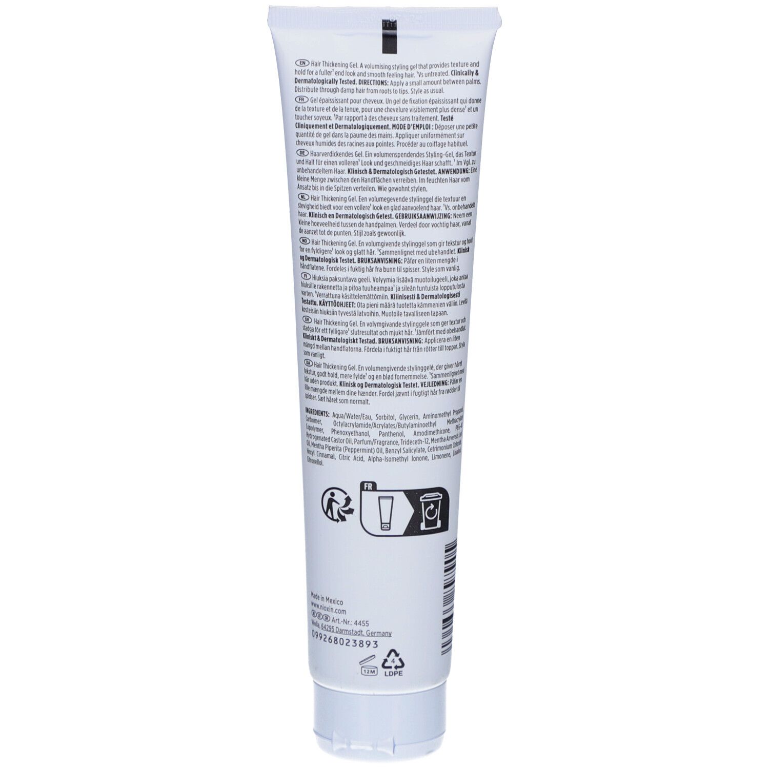 Dos d'un tube de gel Nioxin blanc. Texte multilingue. Pictogrammes : mains, tube, symbole de recyclage.