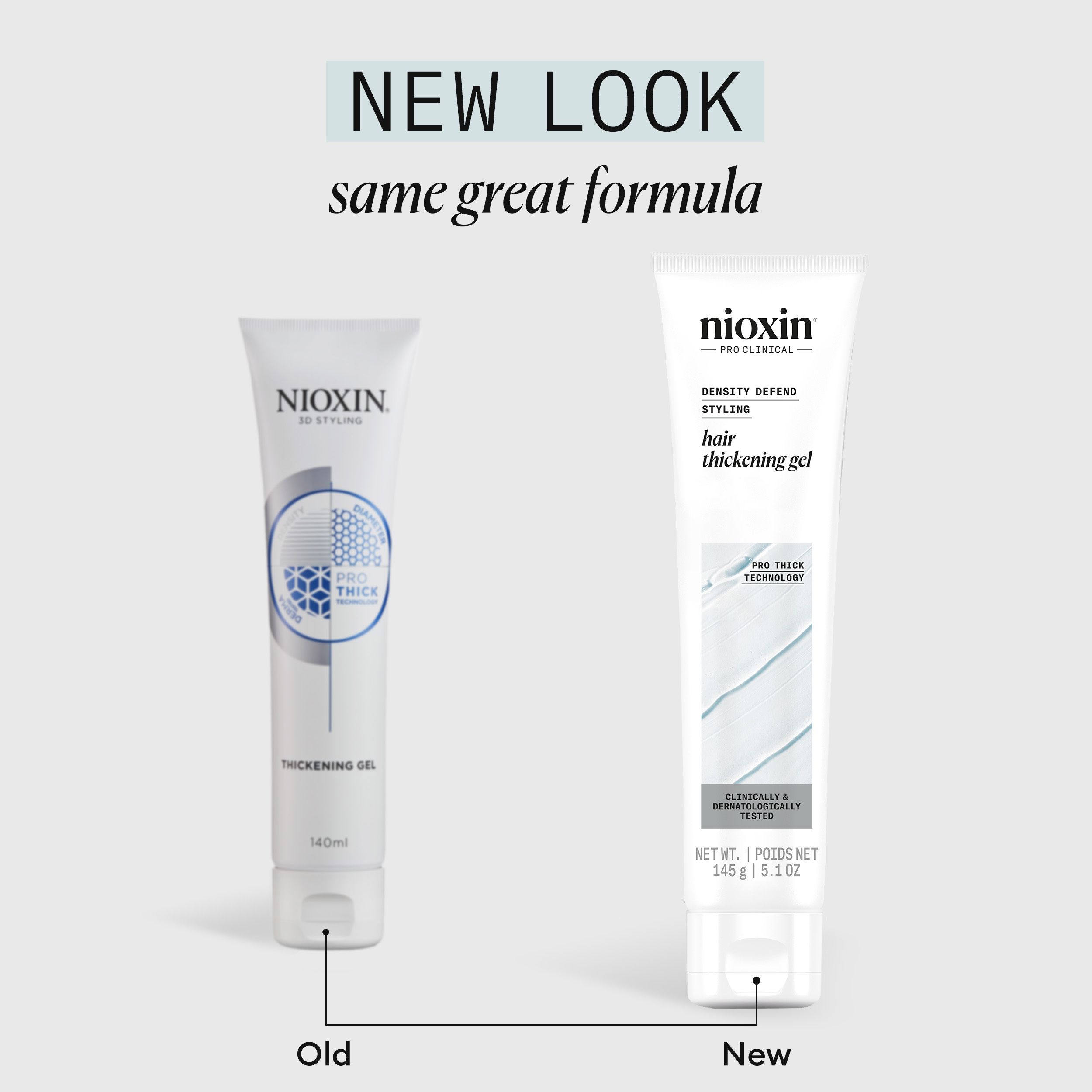 Comparaison de deux tubes de gel Nioxin. À gauche : ancienne version. À droite : nouvelle version. Inscription : New Look, same great formula.