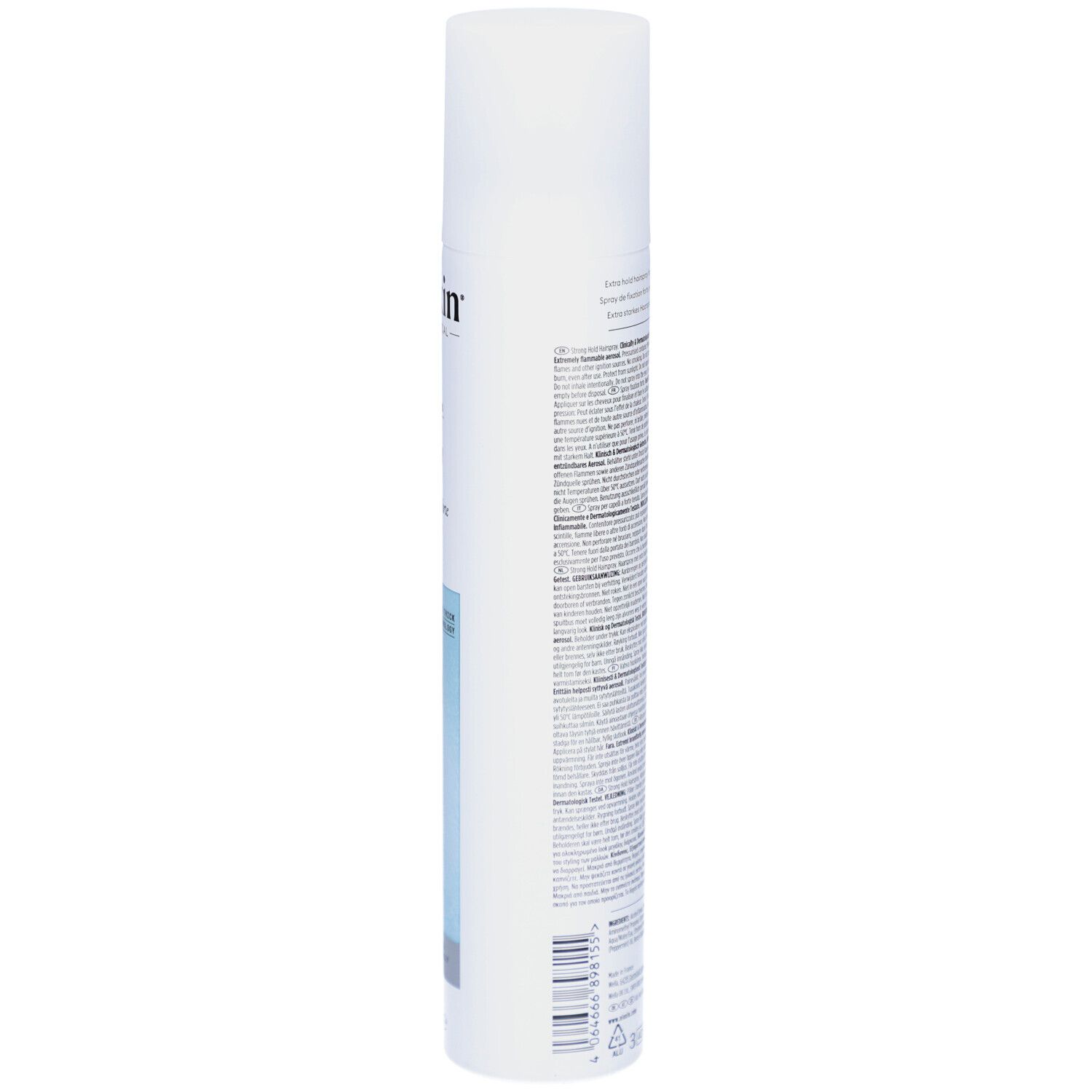 Dos du flacon de spray capillaire Nioxin. Texte et symboles sur fond blanc.