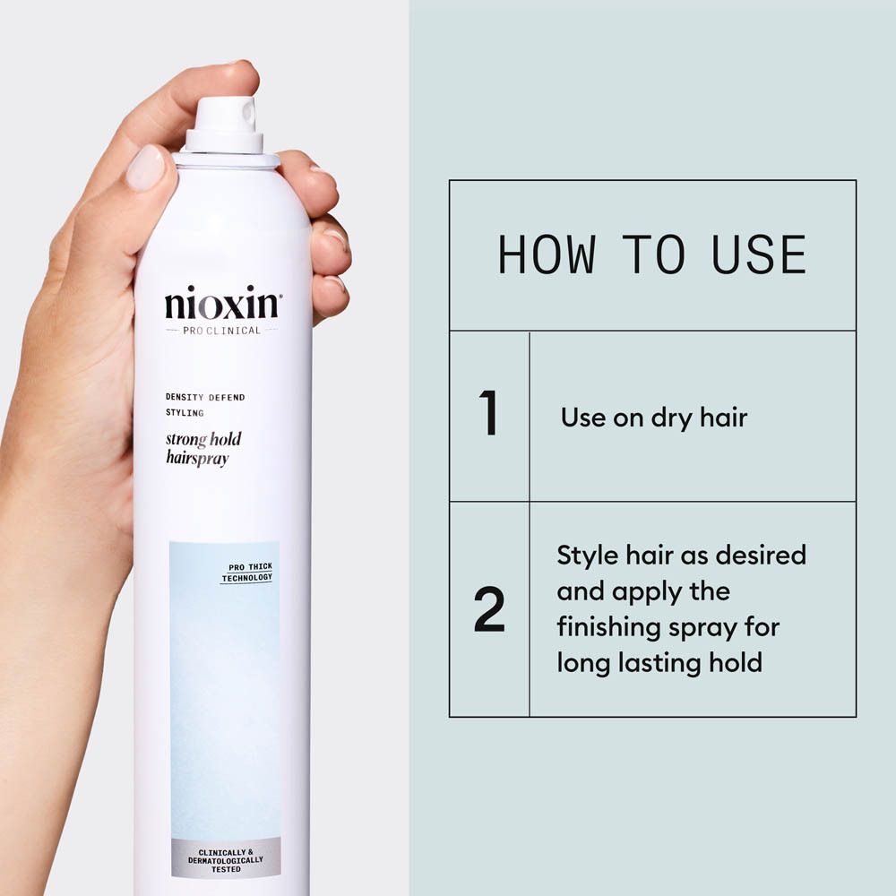 Nioxin Strong Hold Haarspray in einer weißen Dose mit schwarzem Sprühkopf. Anleitung zur Anwendung.
