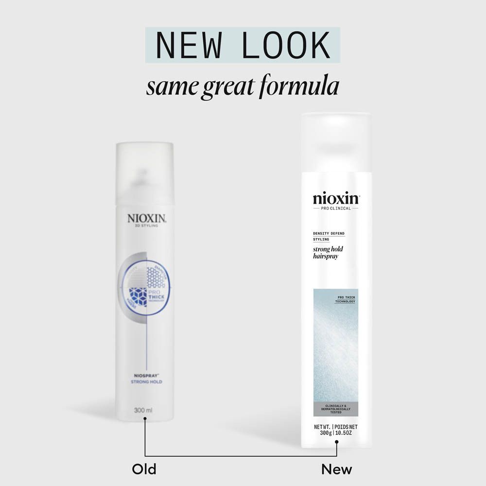 Zwei Nioxin Haarspray-Dosen, alt und neu, mit gleicher Formel.
