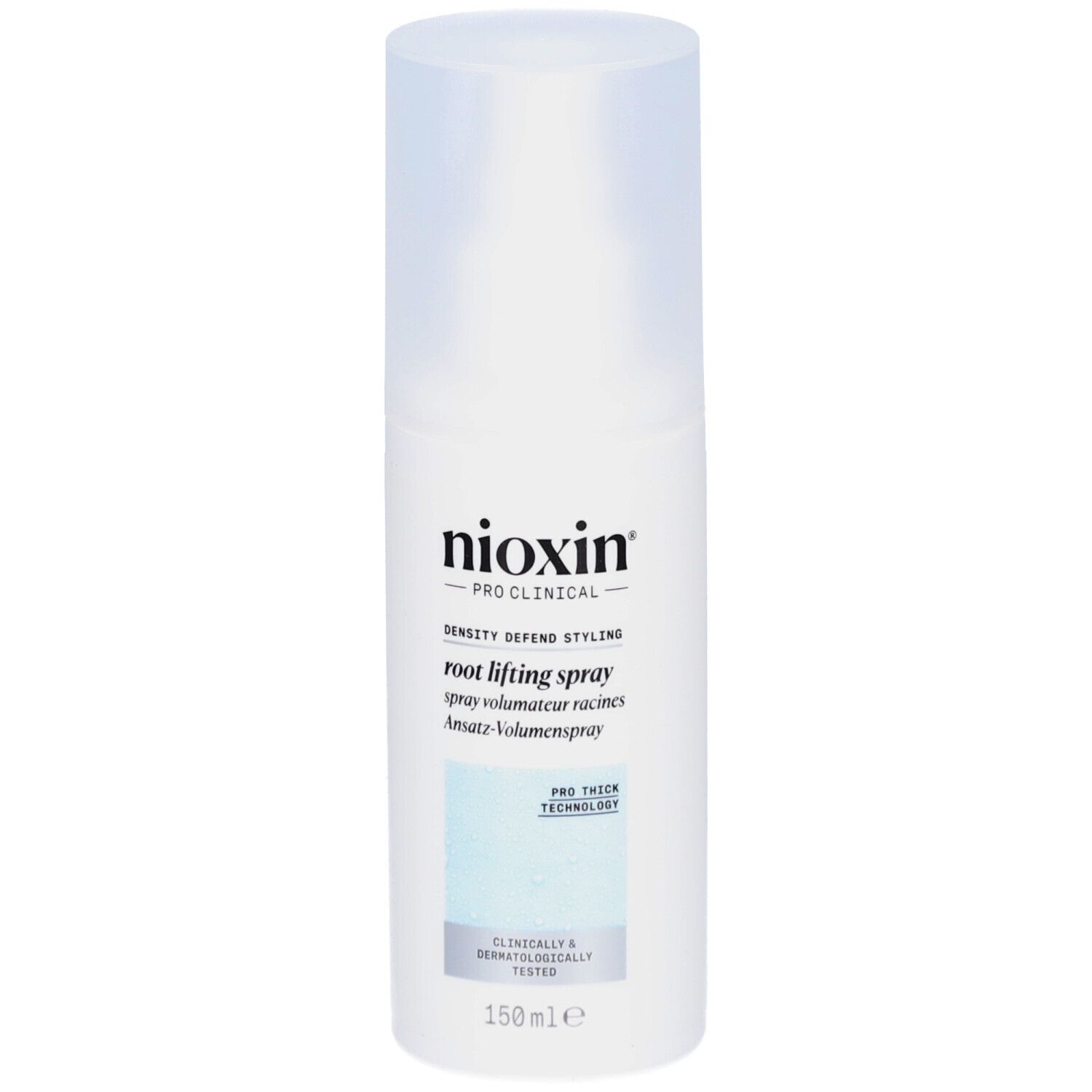 Nioxin Pro Clinical Root Lifting Spray. Weiße Flasche mit Sprühkopf. Produktbezeichnung und Logos auf der Vorderseite.