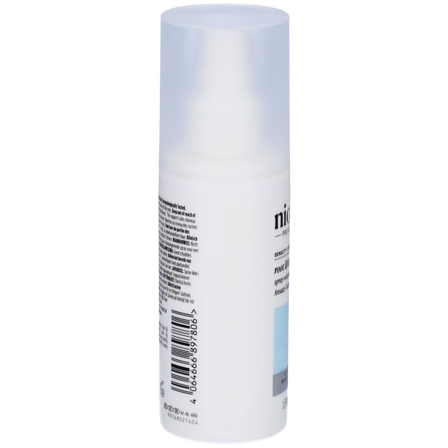 Rückseite der Nioxin Root Lifting Spray Flasche. Text in mehreren Sprachen, Barcode und Herstellerinformationen.