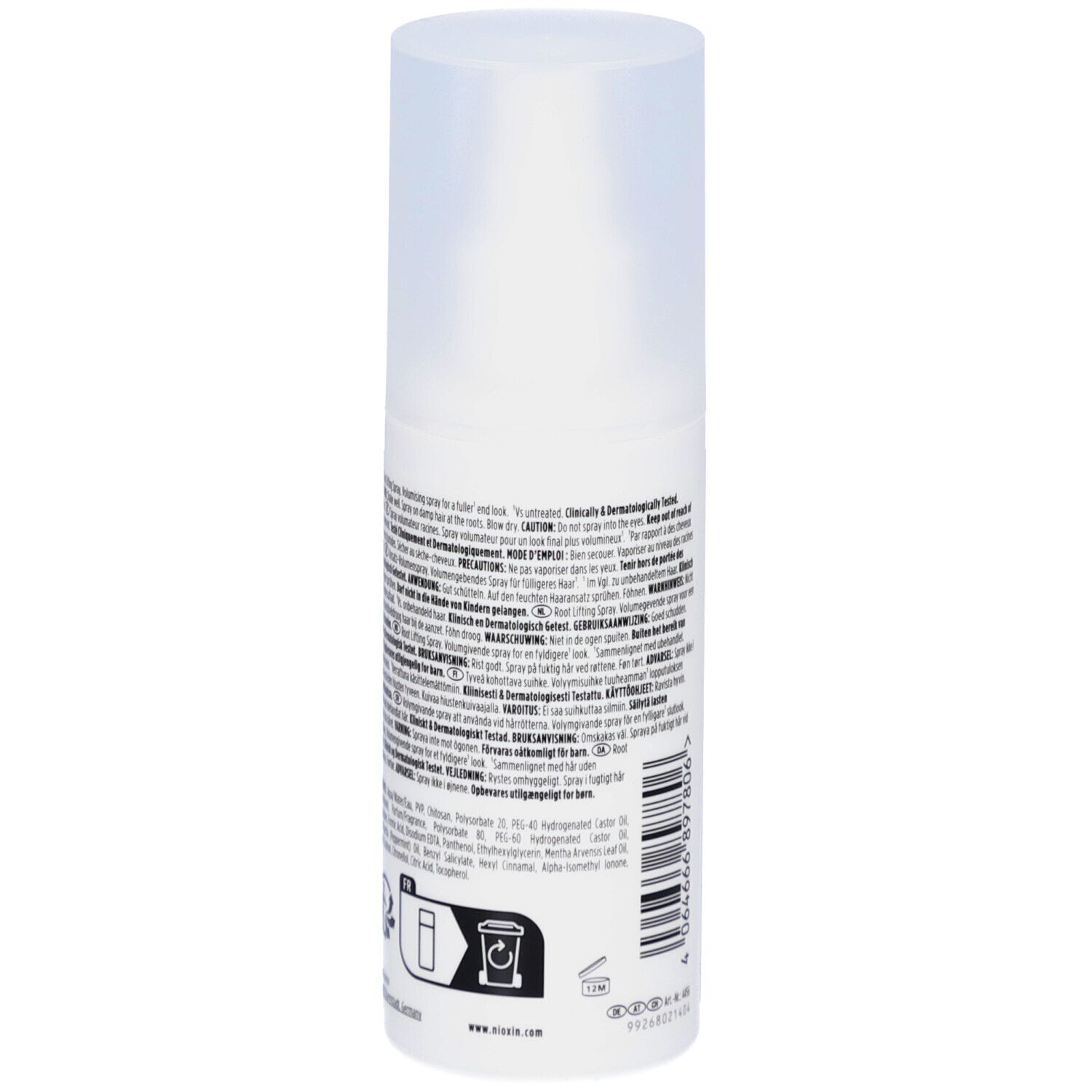 Rückseite der Nioxin Root Lifting Spray Flasche. Text in mehreren Sprachen, Barcode und Herstellerinformationen.