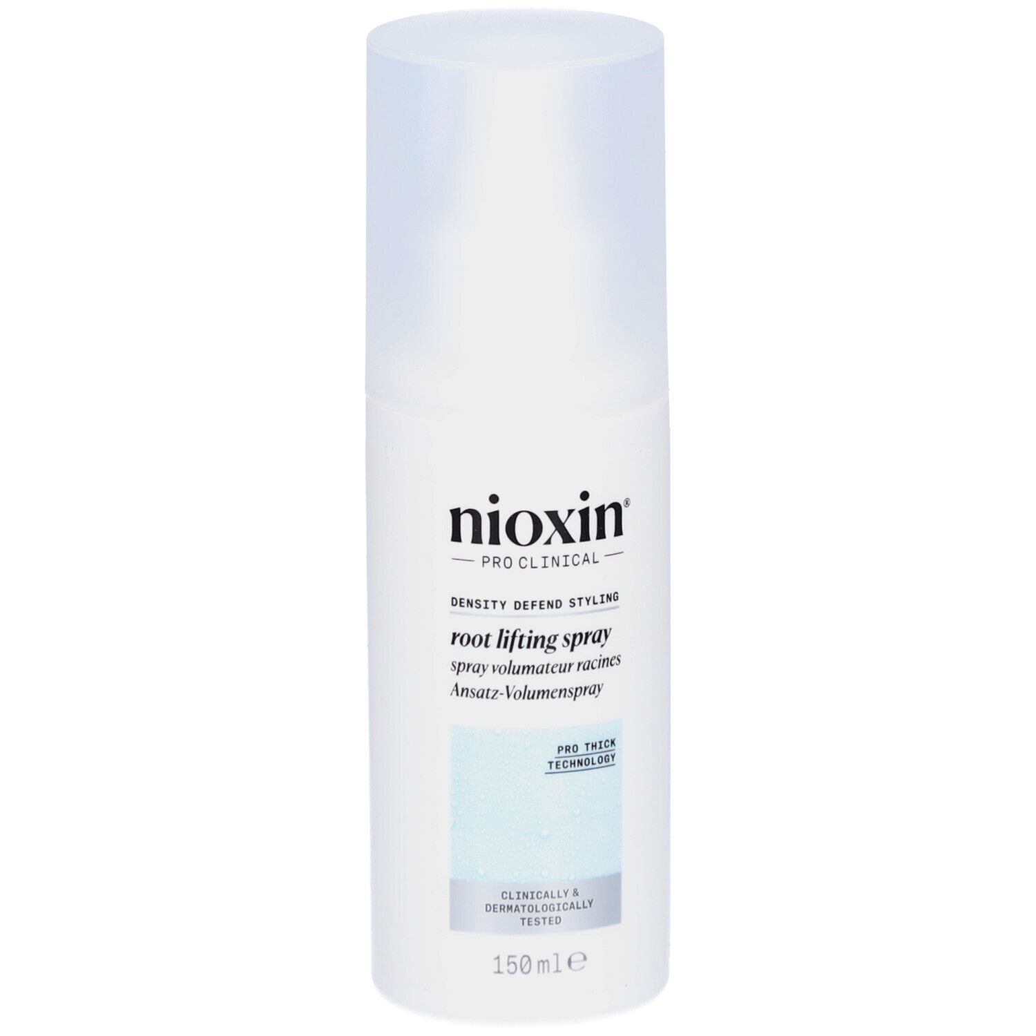 Nioxin Pro Clinical Root Lifting Spray. Weiße Flasche mit Sprühkopf. Produktbezeichnung und Logos auf der Vorderseite.