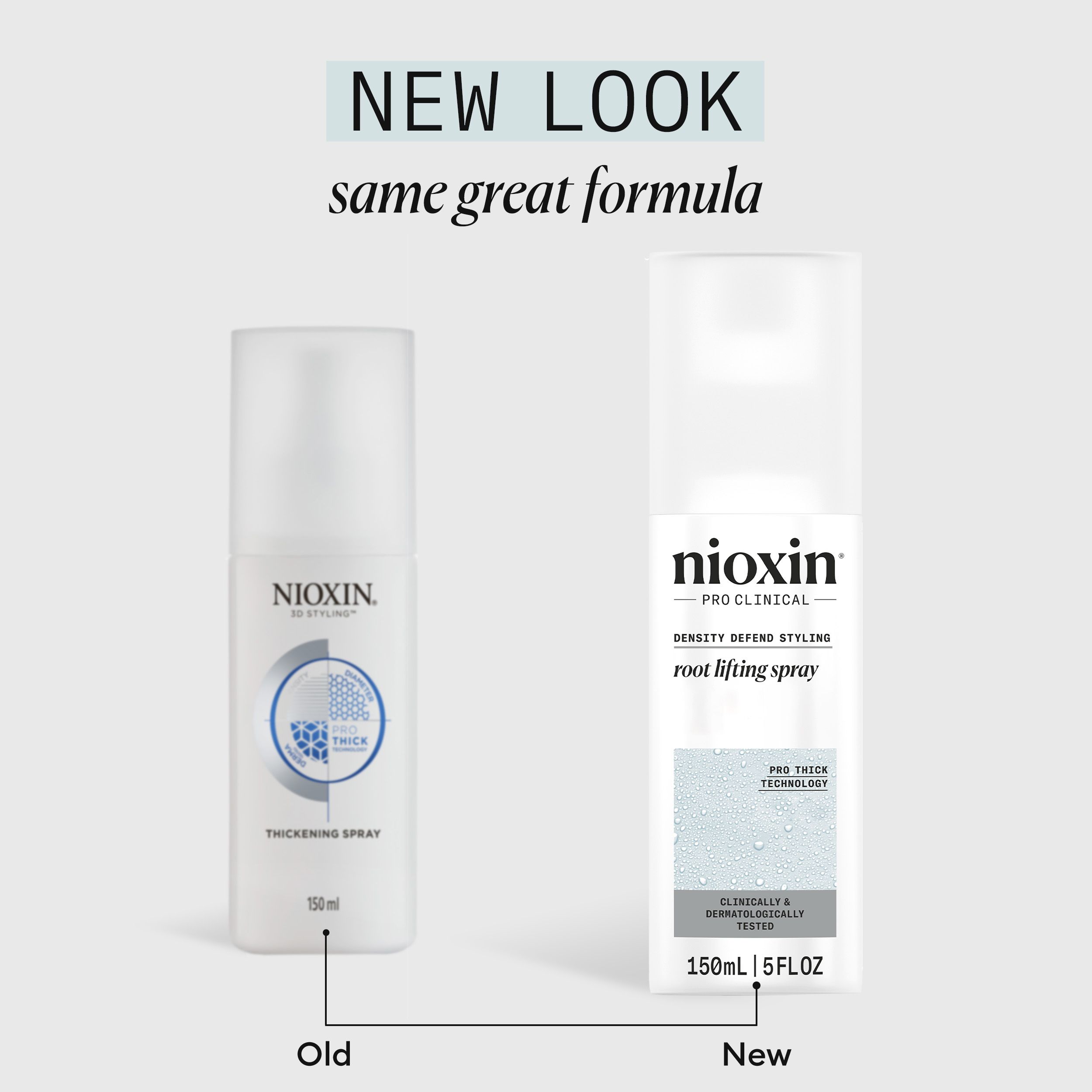 Comparaison de deux sprays Nioxin. À gauche : ancien design. À droite : nouveau design. Texte : New Look, same great formula.