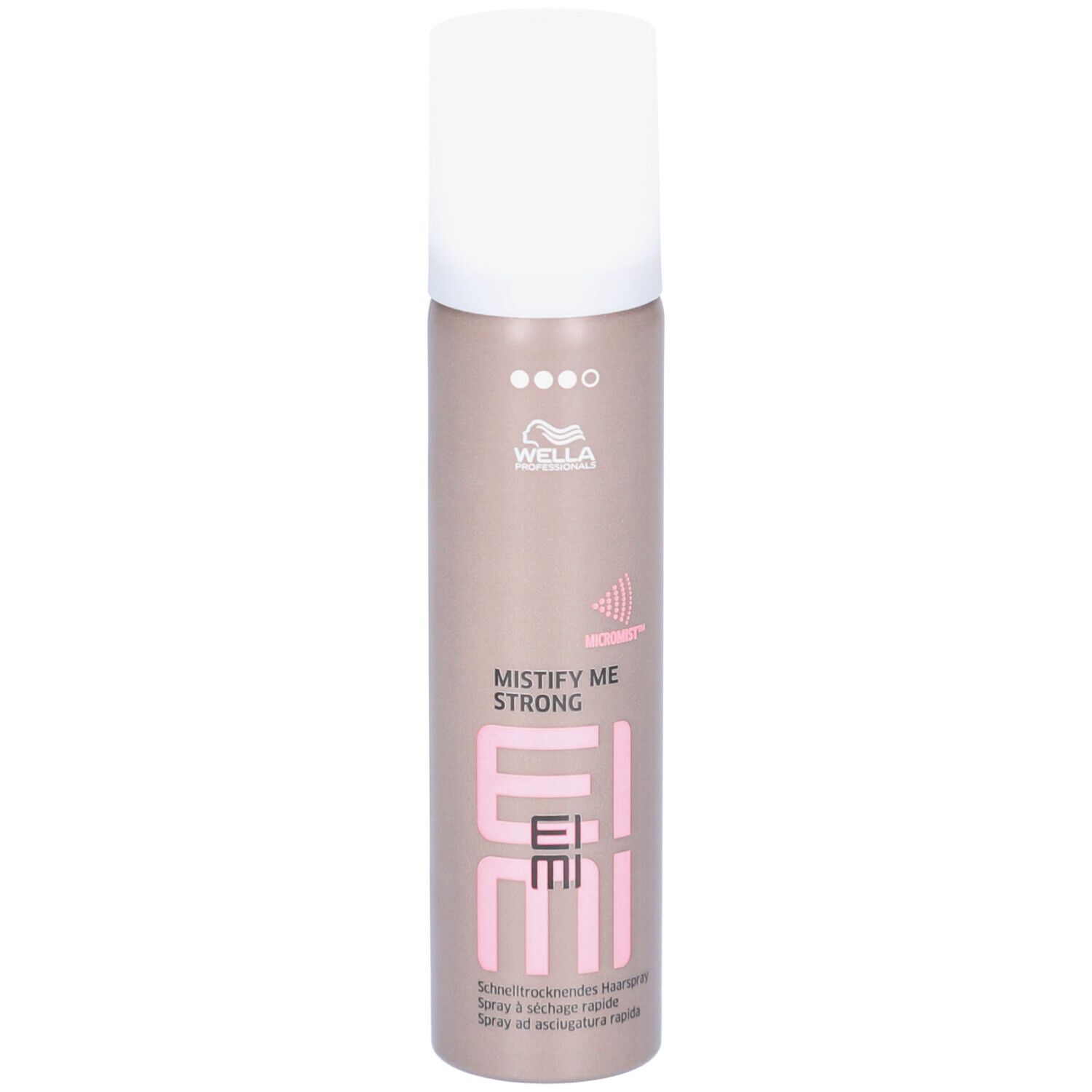 Flacon de laque. Marque : Wella EIMI. Inscription : Mistify Me Strong. Texte rose et blanc sur fond marron. Bouchon blanc.