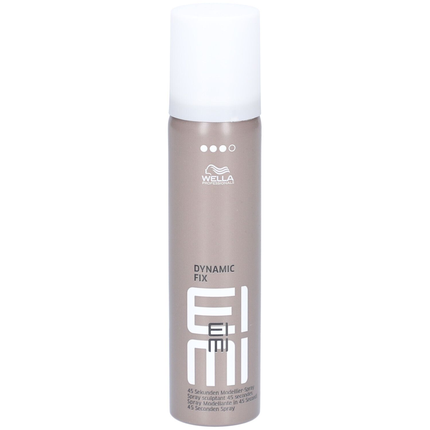 Bombe de laque brun-gris avec bouchon blanc. Inscription : Wella, EIMI, Dynamic Fix. Spray coiffant 45 secondes.