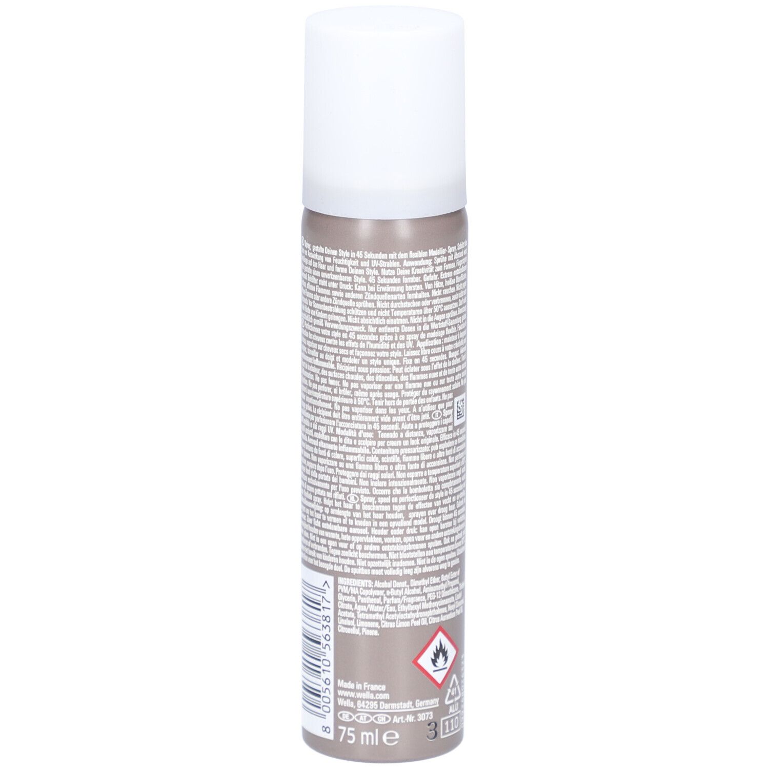Bombe de laque brun-gris avec bouchon blanc. Inscription : 75 ml. Avertissement et symbole d'inflammabilité.
