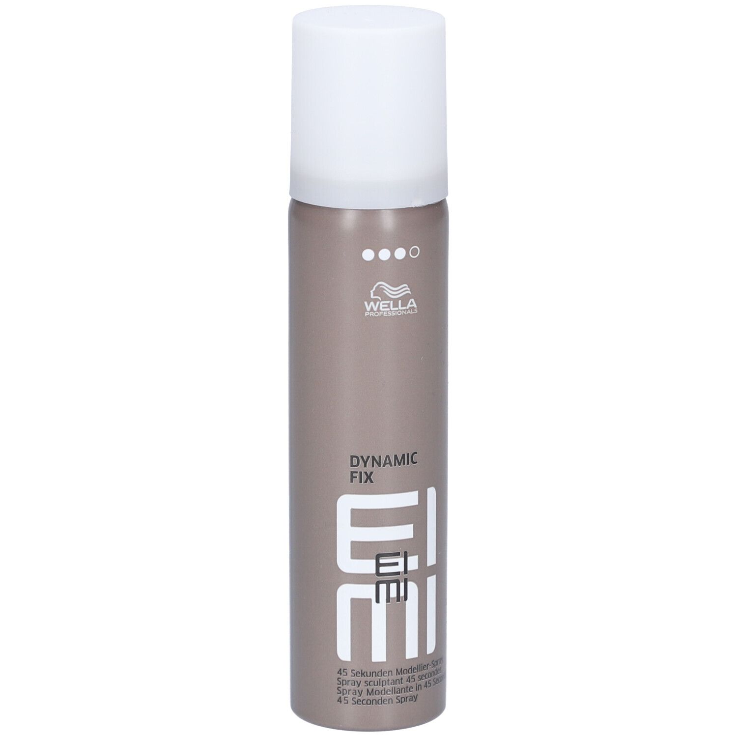 Bombe de laque brun-gris avec bouchon blanc. Inscription : Wella, EIMI, Dynamic Fix. Spray coiffant 45 secondes.