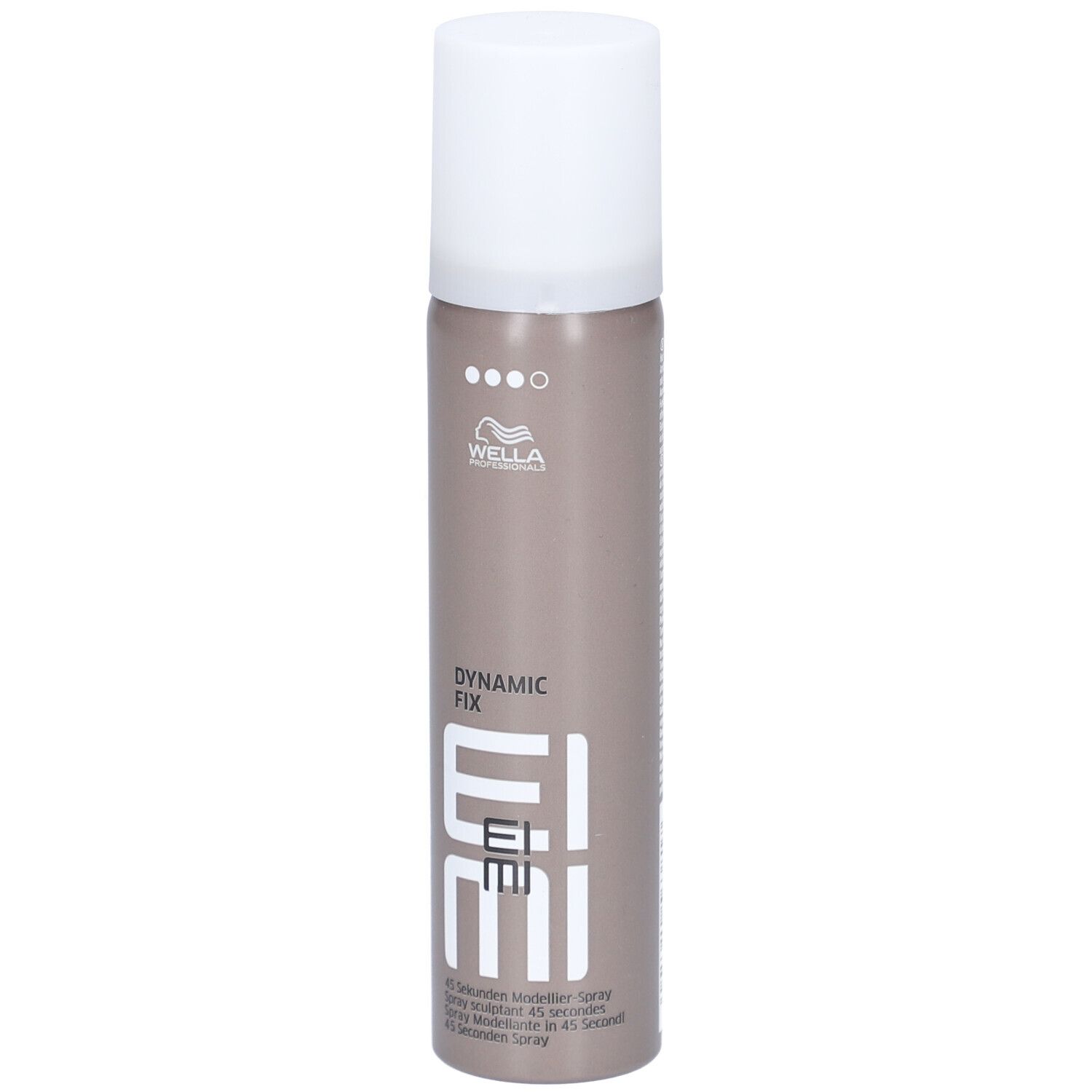 Bombe de laque brun-gris avec bouchon blanc. Inscription : Wella, EIMI, Dynamic Fix. Spray coiffant 45 secondes.