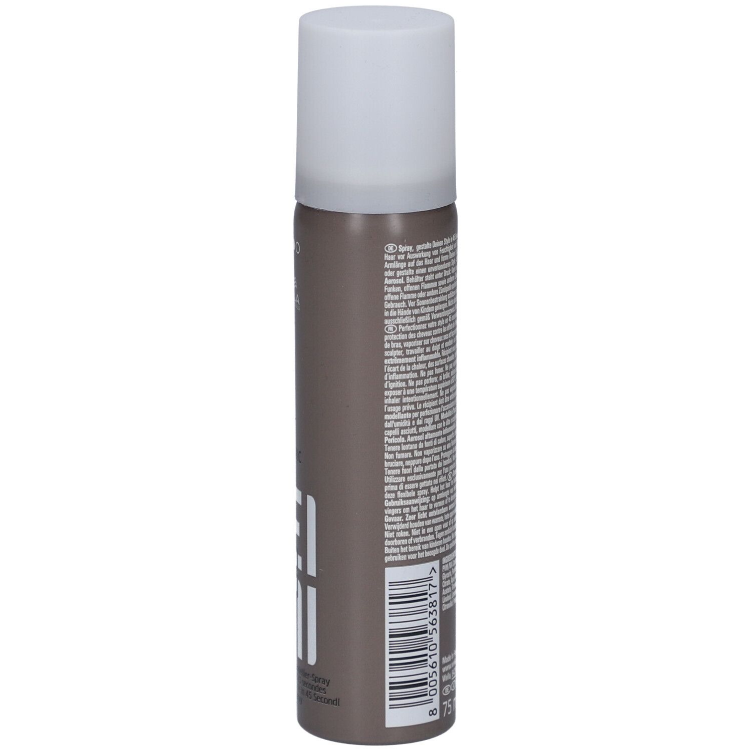 Bombe de laque brun-gris avec bouchon blanc. Inscription : EIMI, Dynamic Fix. 75 ml.