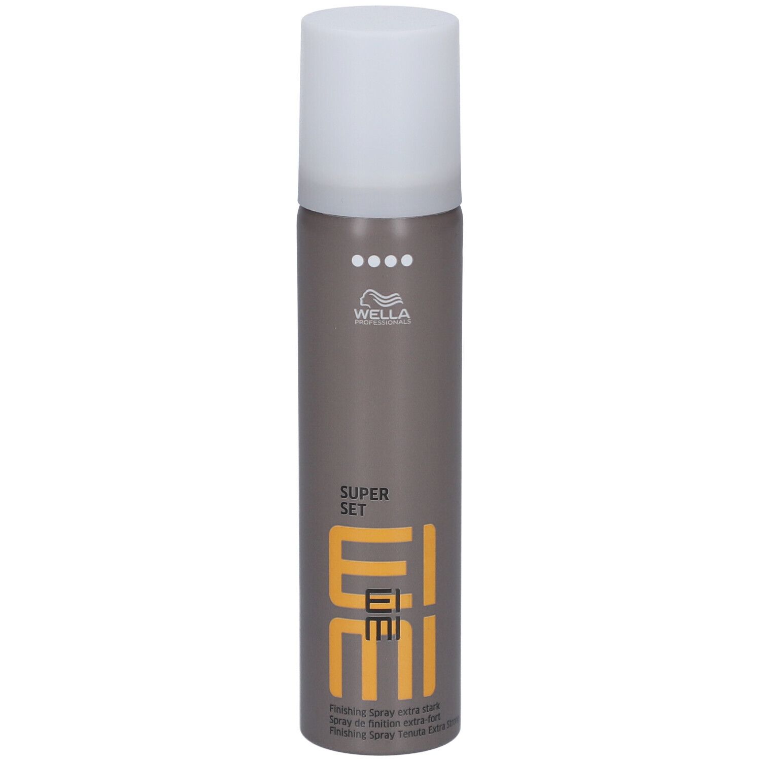 Haarspray-Flasche, braun-grau mit weißem Deckel. EIMI-Logo und Schriftzug 'SUPER SET' sichtbar.