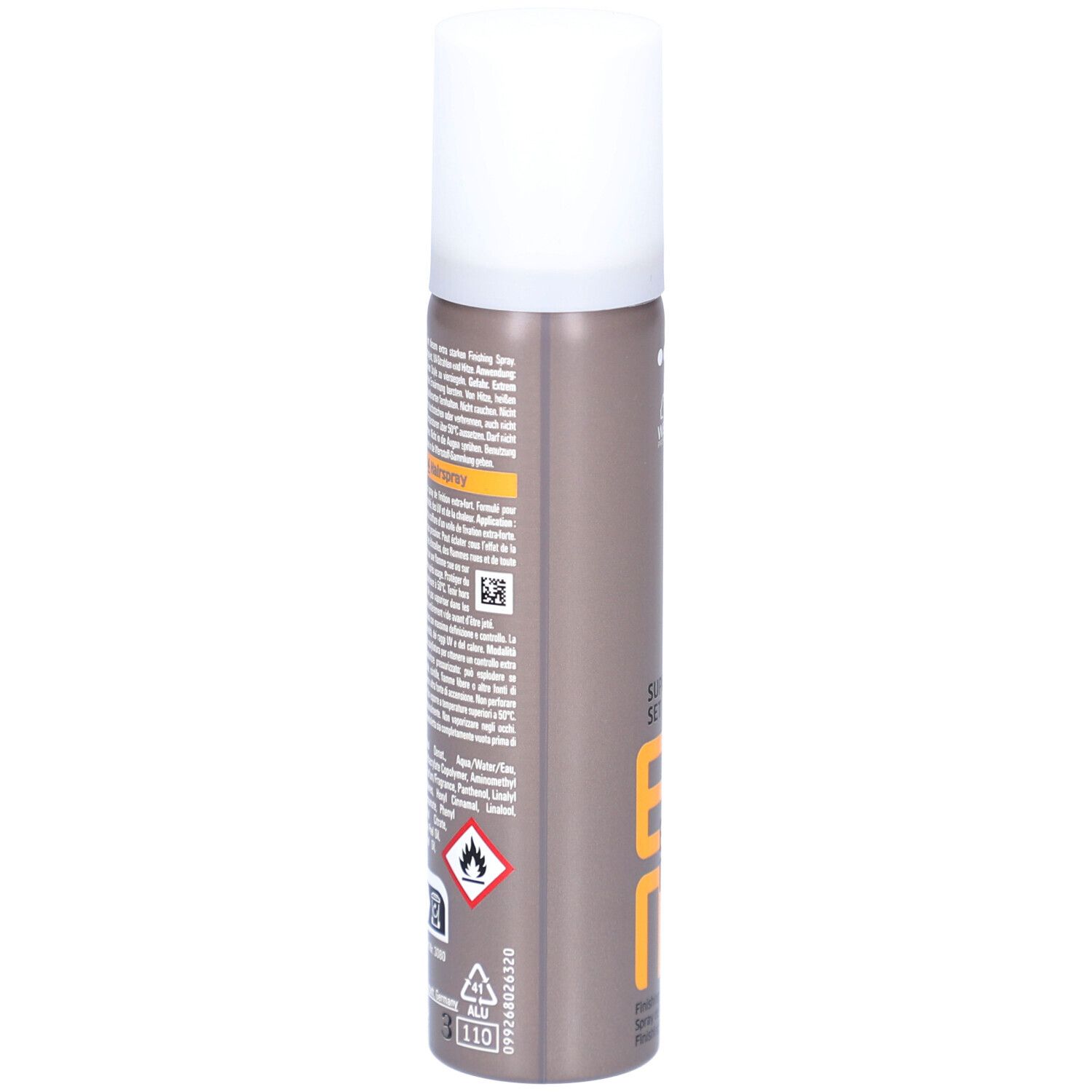Haarspray-Flasche, braun-grau mit weißem Deckel. Rückseite mit Text und Symbolen. 'EIMI' und 'ALU 110'.