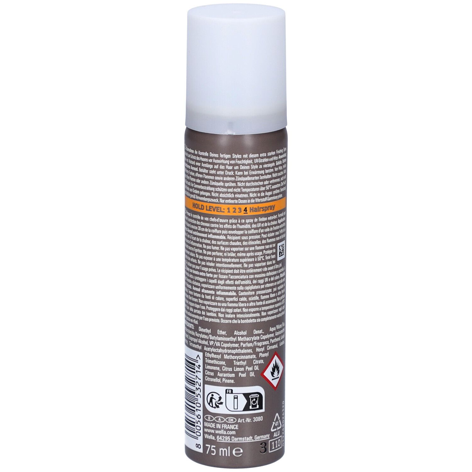 Haarspray-Flasche, braun-grau mit weißem Deckel. Rückseite mit Text, Symbolen und '75 ml'.