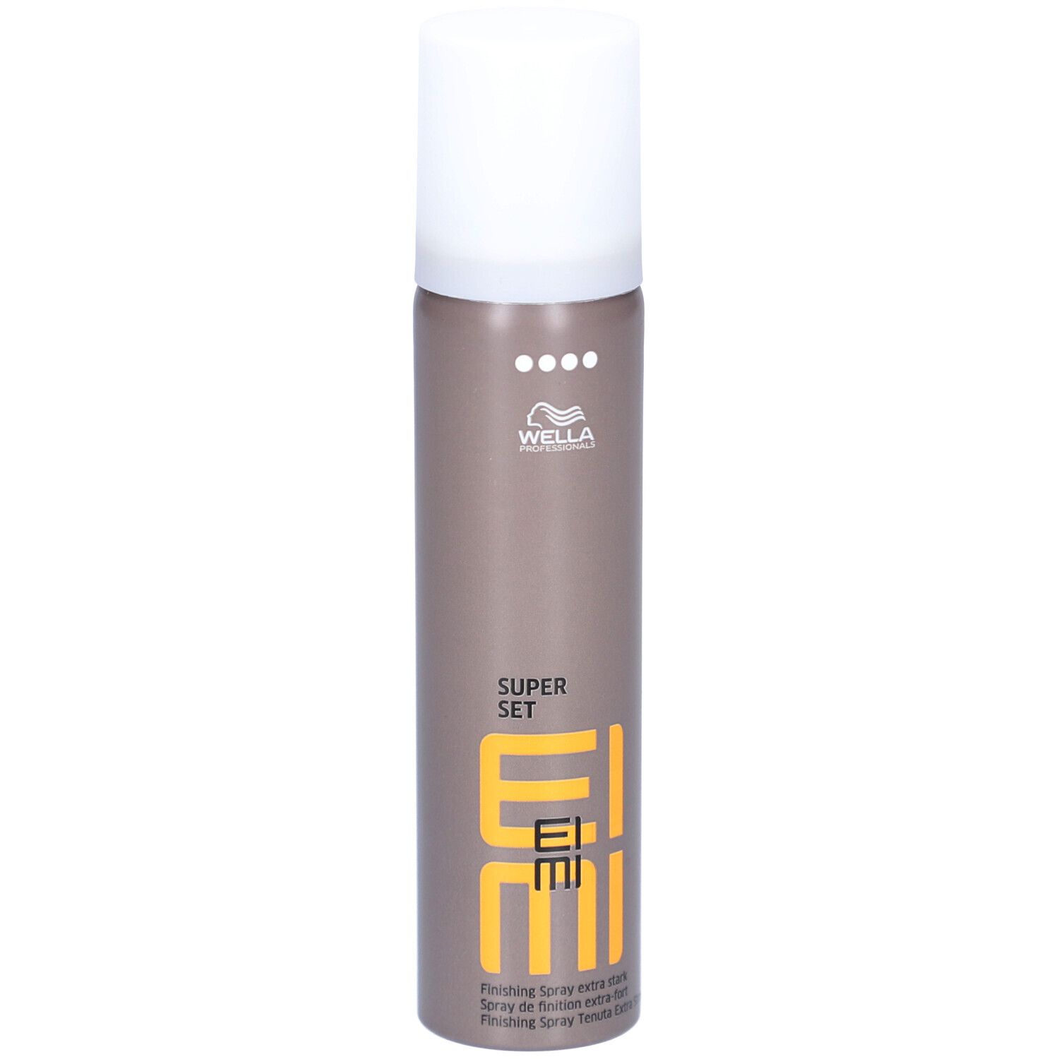 Haarspray-Flasche, braun-grau mit weißem Deckel. EIMI-Logo und Schriftzug 'SUPER SET' sichtbar.