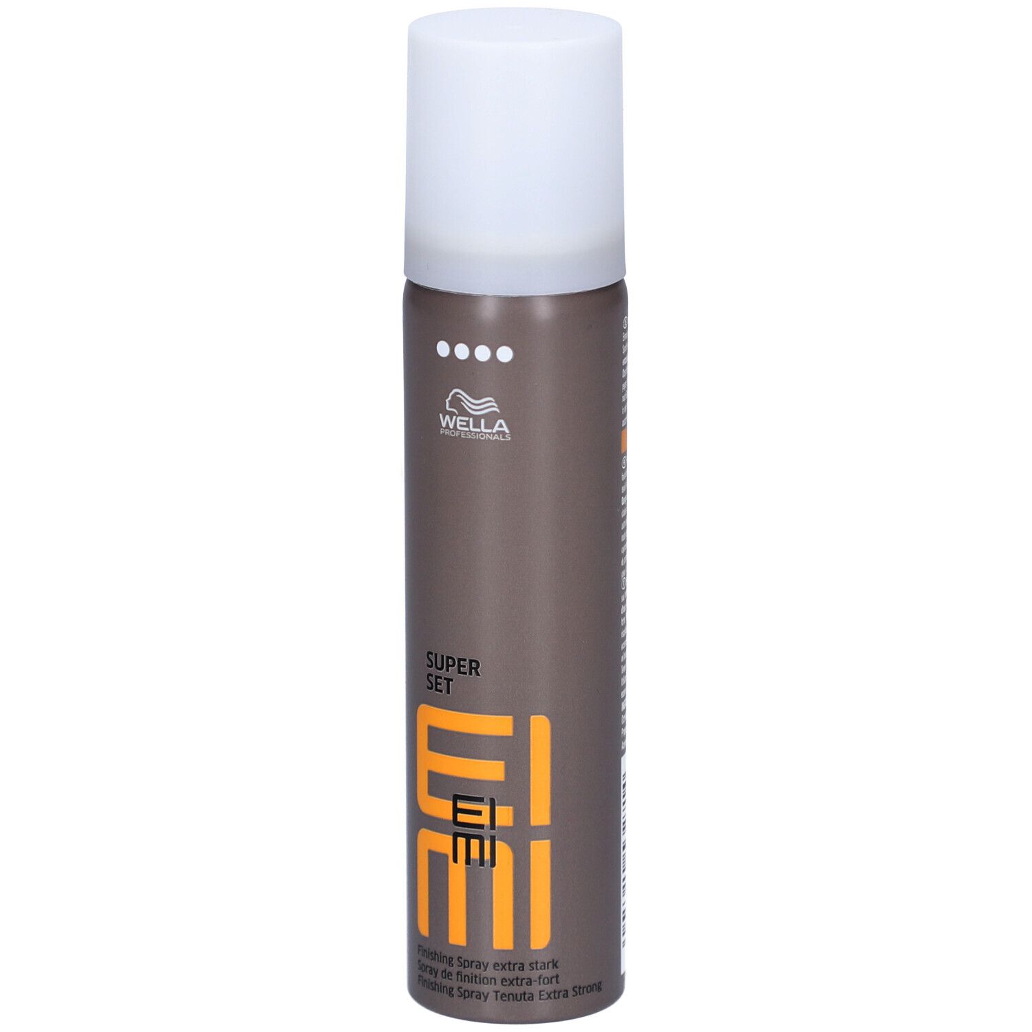 Haarspray-Flasche, braun-grau mit weißem Deckel. EIMI-Logo und Schriftzug 'SUPER SET' sichtbar.
