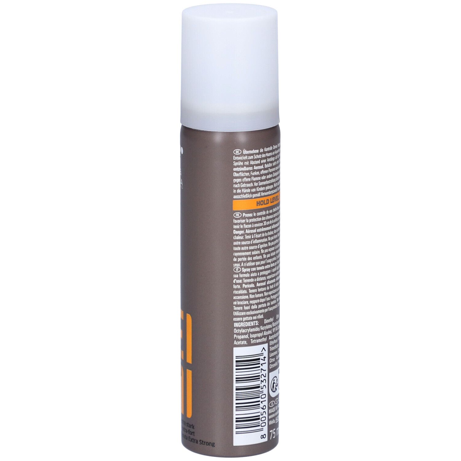 Haarspray-Flasche, braun-grau mit weißem Deckel. Rückseite mit Text, Symbolen und '75 ml'.
