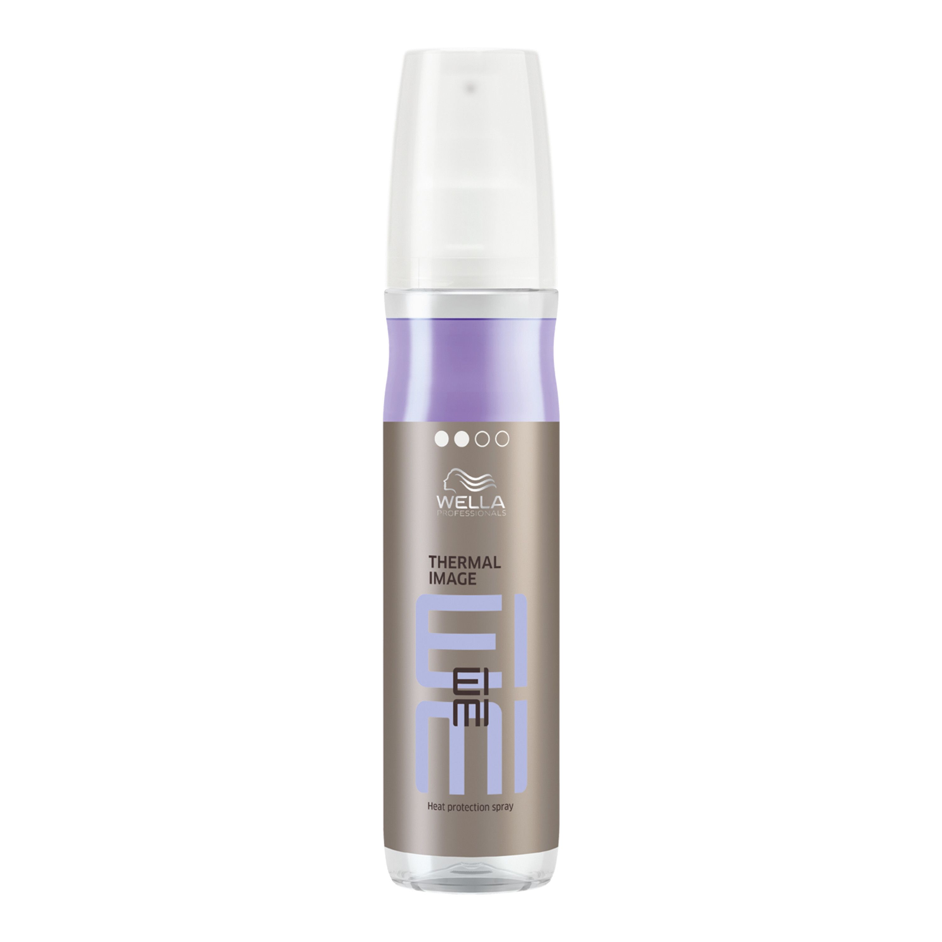 Spray protecteur thermique Wella EIMI. Flacon avec bouchon blanc et étiquette marron.