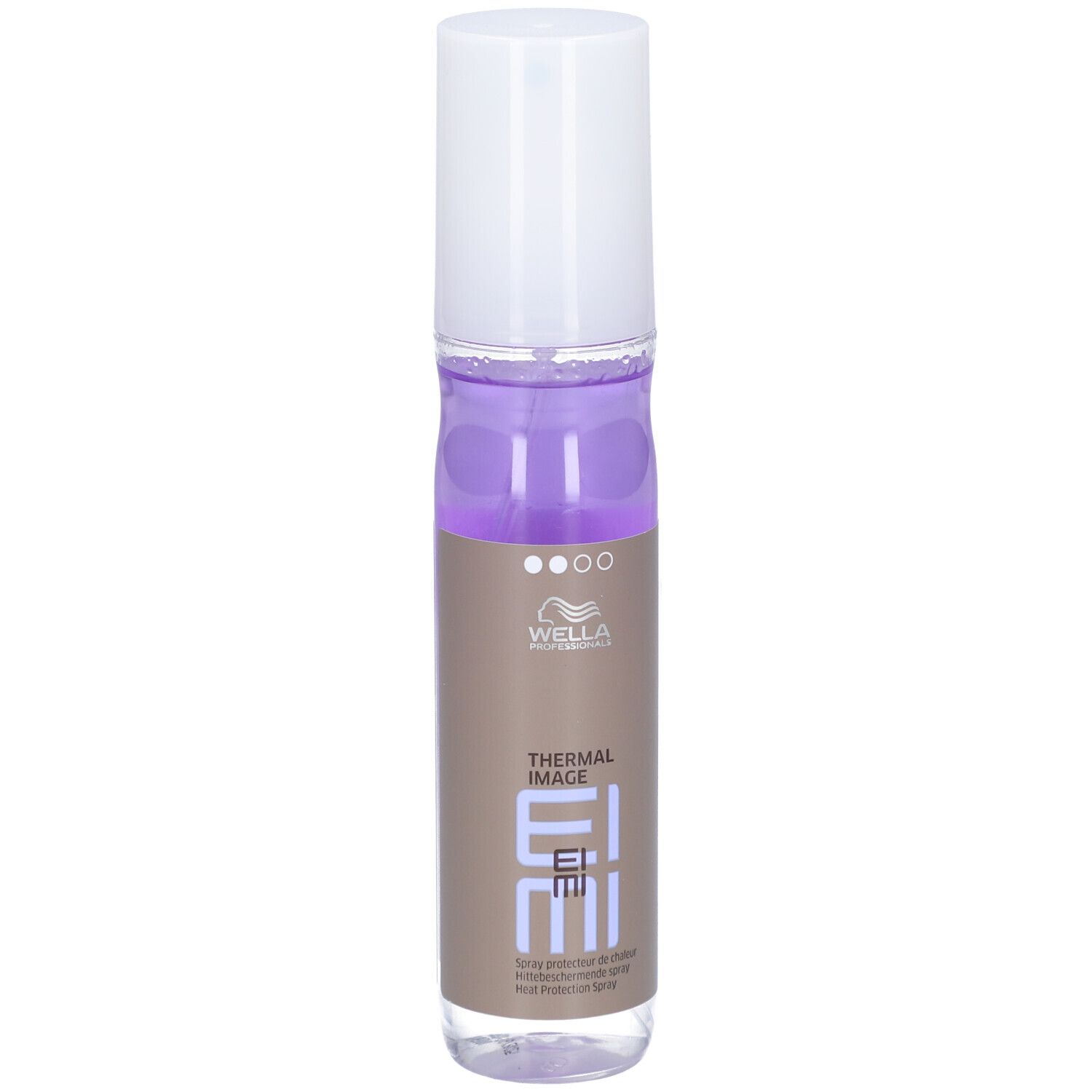 Wella EIMI Thermal Image Hitzeschutzspray. Flasche mit weißem Deckel und braunem Etikett.