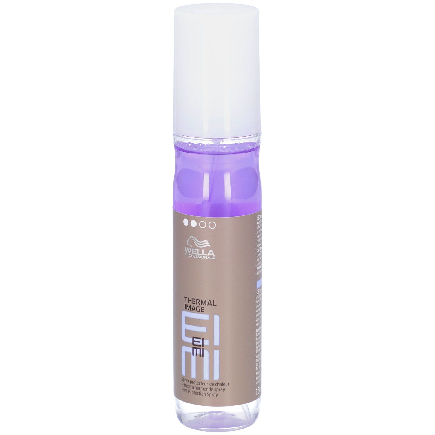 Wella EIMI Thermal Image Hitzeschutzspray. Flasche mit weißem Deckel und braunem Etikett.