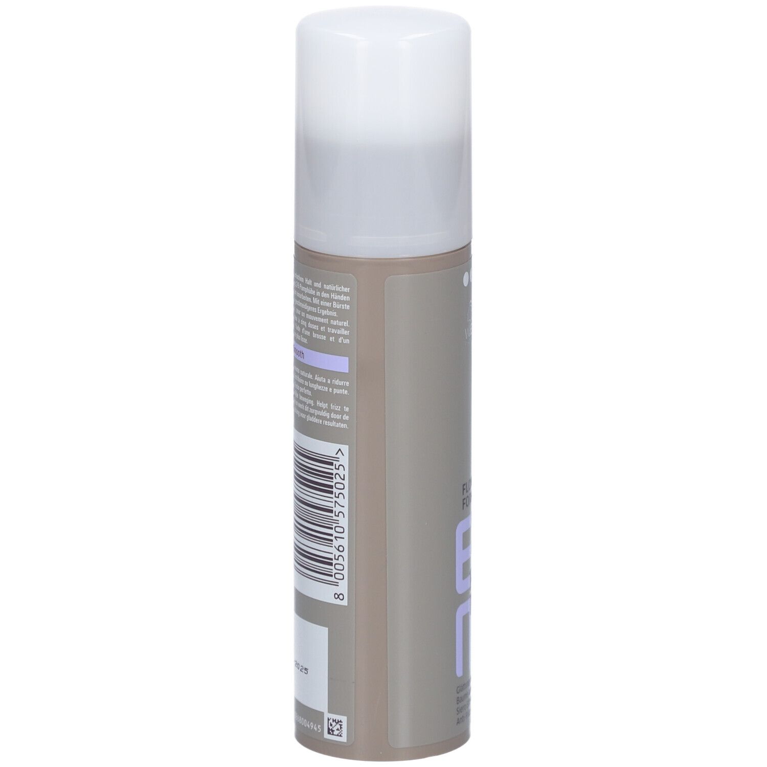 Rückseite der Flasche. Text und Barcode. Marke: Wella Professionals. Produkt: EIMI Flowing Form.