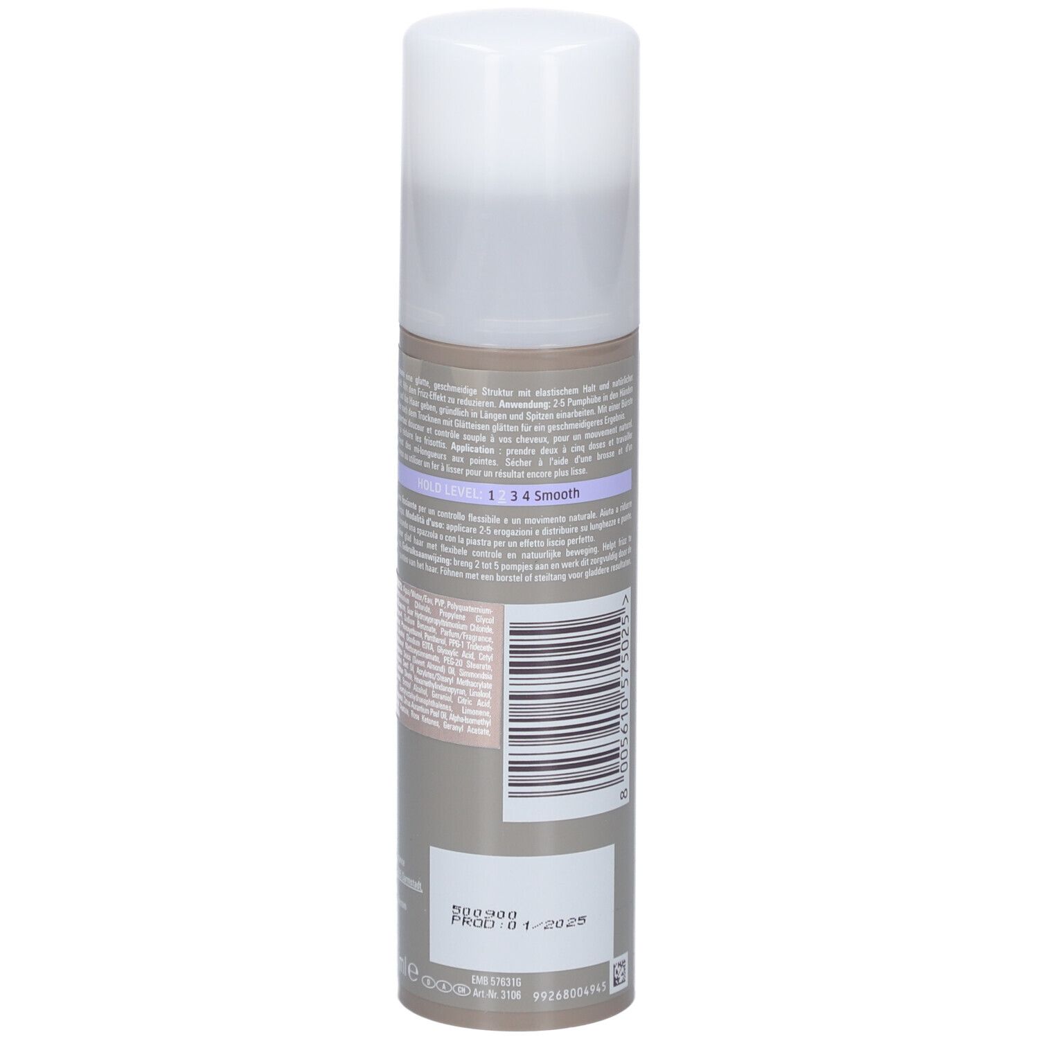 Rückseite der Flasche. Text und Barcode. Marke: Wella Professionals. Produkt: EIMI Flowing Form.