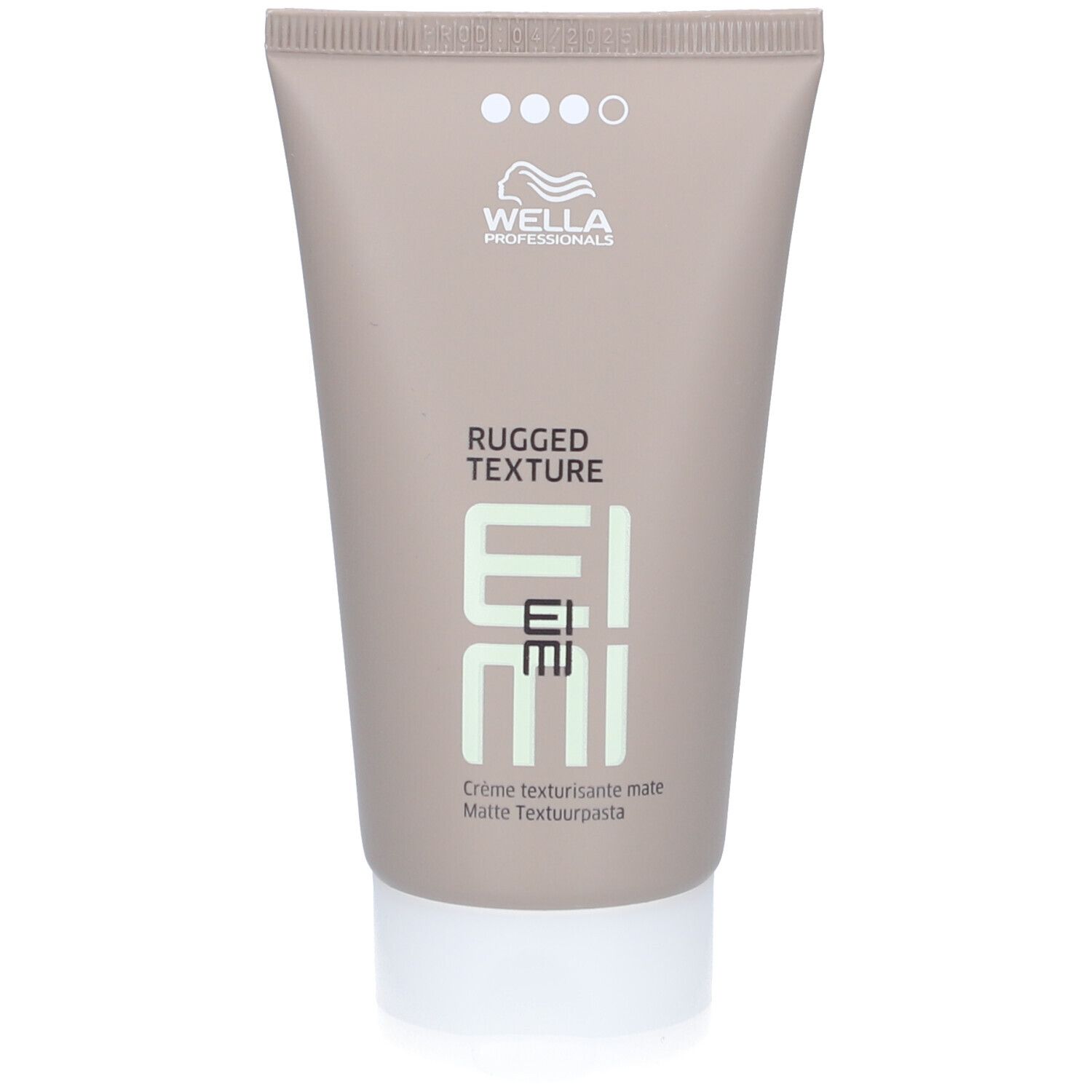 Beige Tube mit weißem Verschluss. Oben Logo und Schriftzug. Darunter "RUGGED TEXTURE EIMI".