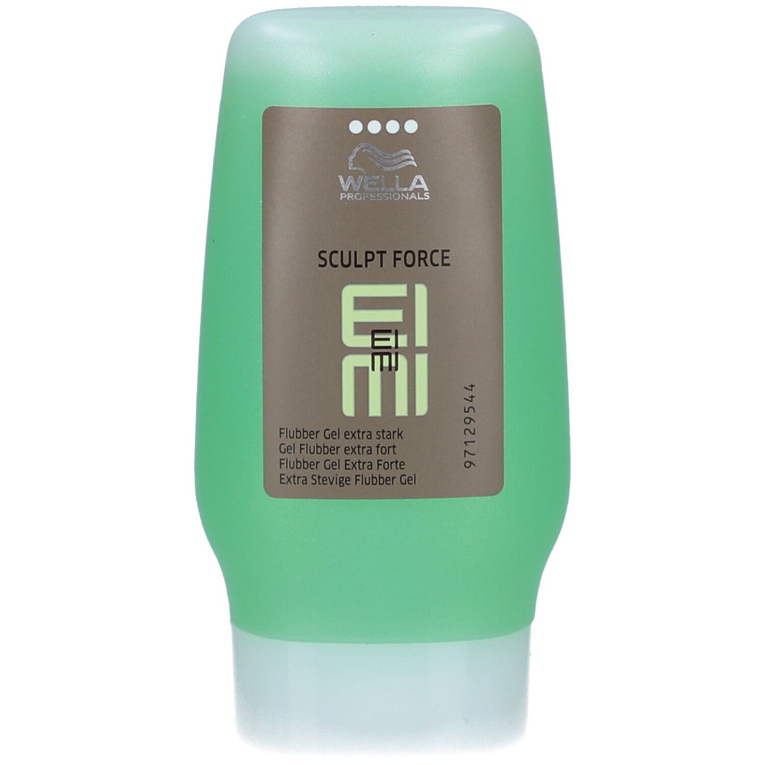 Tube de gel vert. Haut : Wella, Sculpt Force, EIMI. Texte : Gel Flubber extra fort. Quatre points. Étiquette avec code.