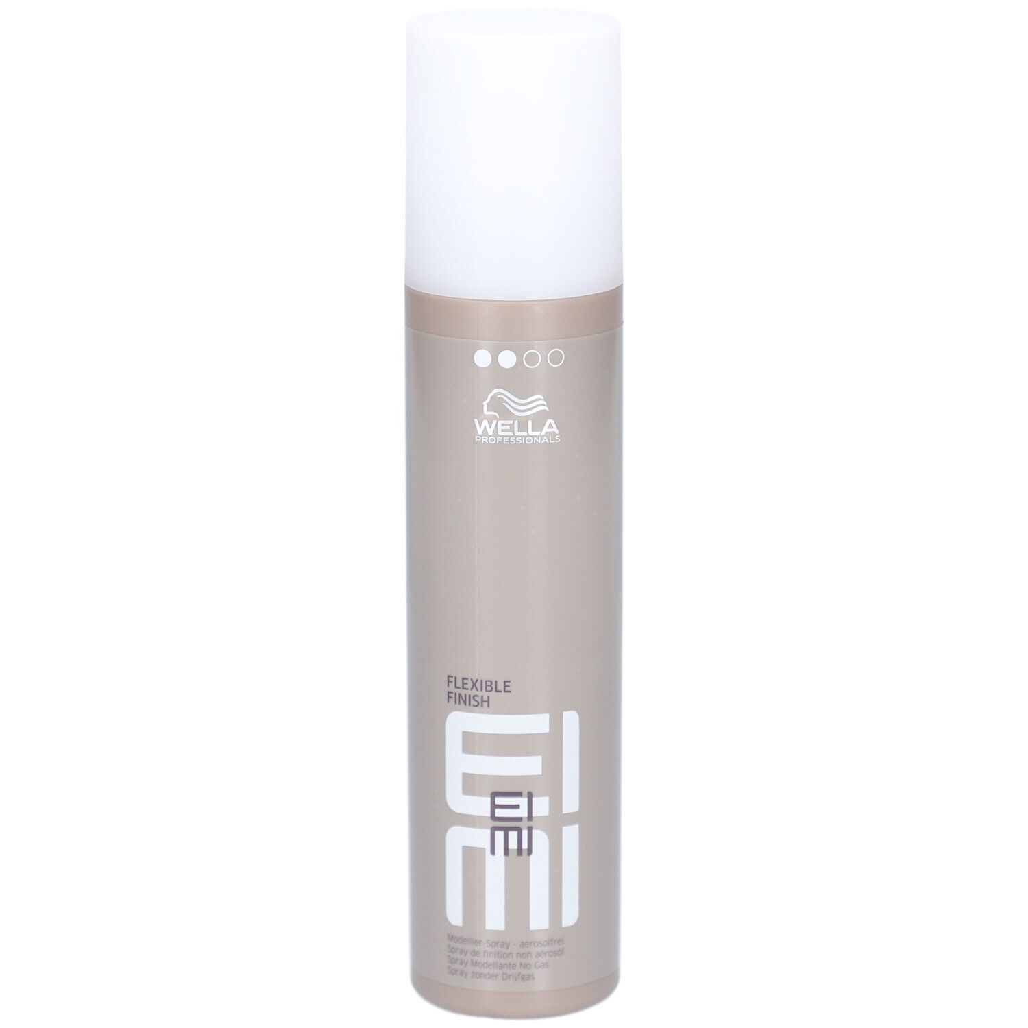 Zylindrische Flasche mit weißem Deckel. Aufschrift: EIMI Flexible Finish. Marke: Wella.