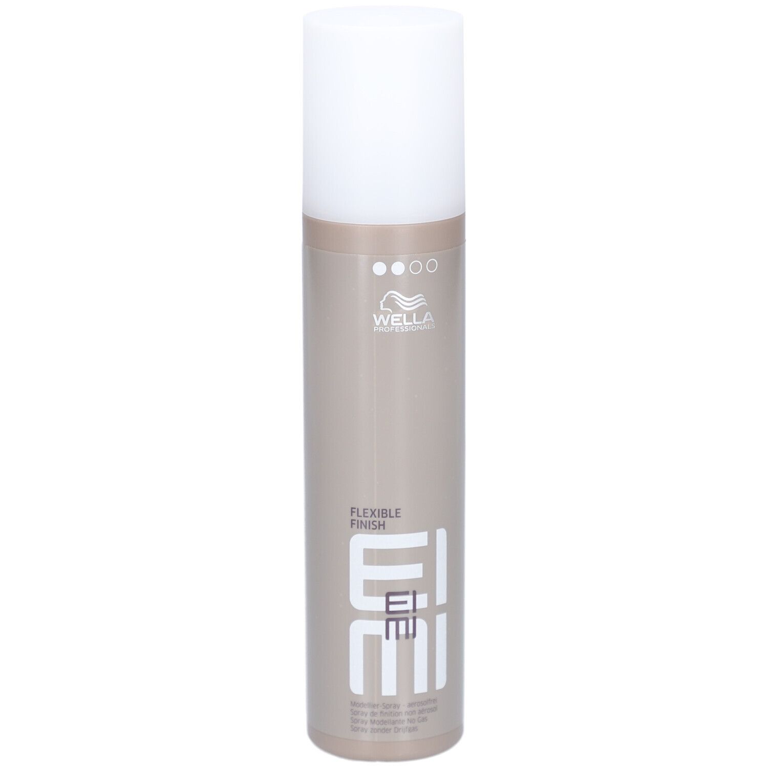 Zylindrische Flasche mit weißem Deckel. Aufschrift: EIMI Flexible Finish. Marke: Wella.