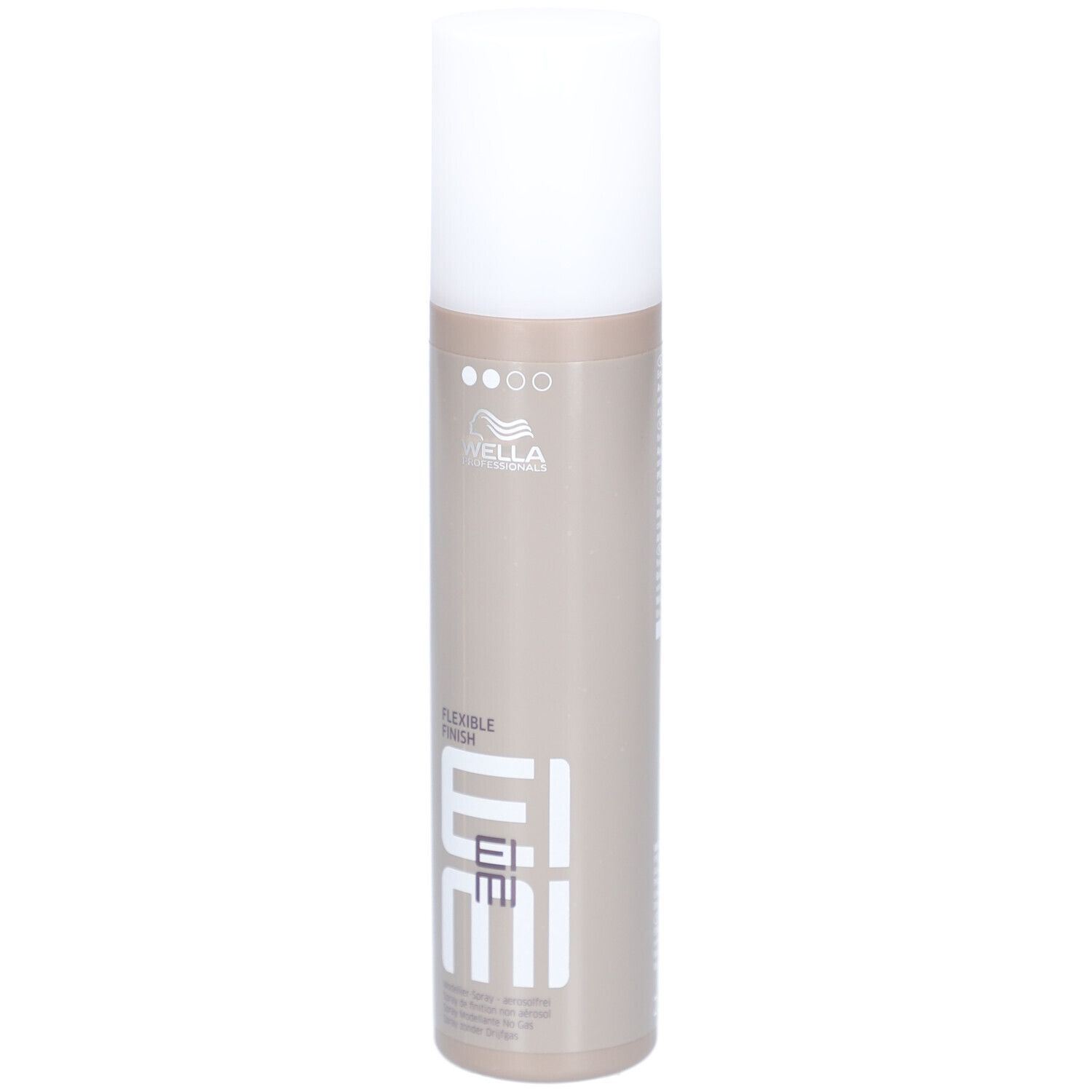 Zylindrische Flasche mit weißem Deckel. Aufschrift: EIMI Flexible Finish. Marke: Wella.