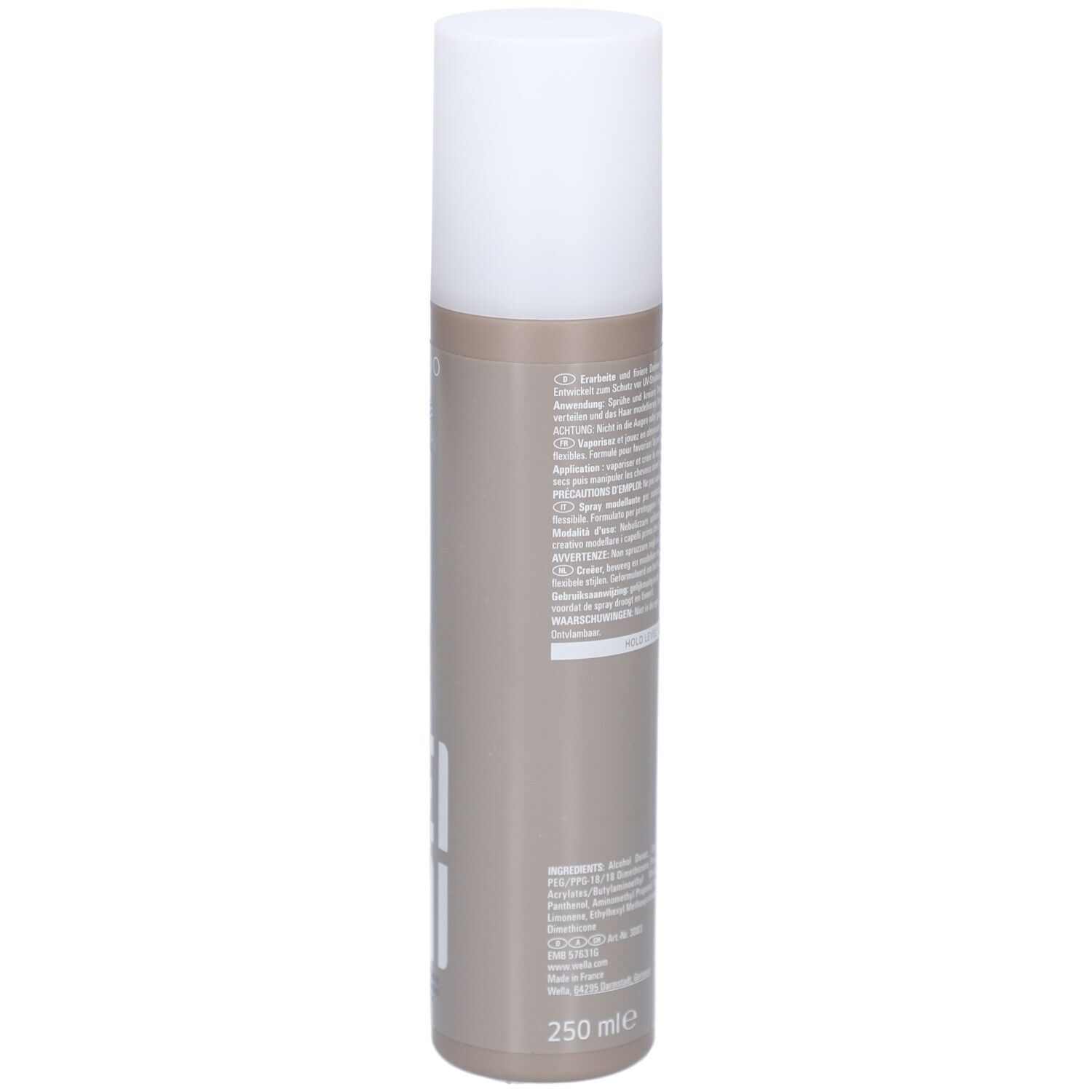 Zylindrische Flasche mit weißem Deckel. Aufschrift: EIMI Flexible Finish. Marke: Wella. Volumen: 250 ml.