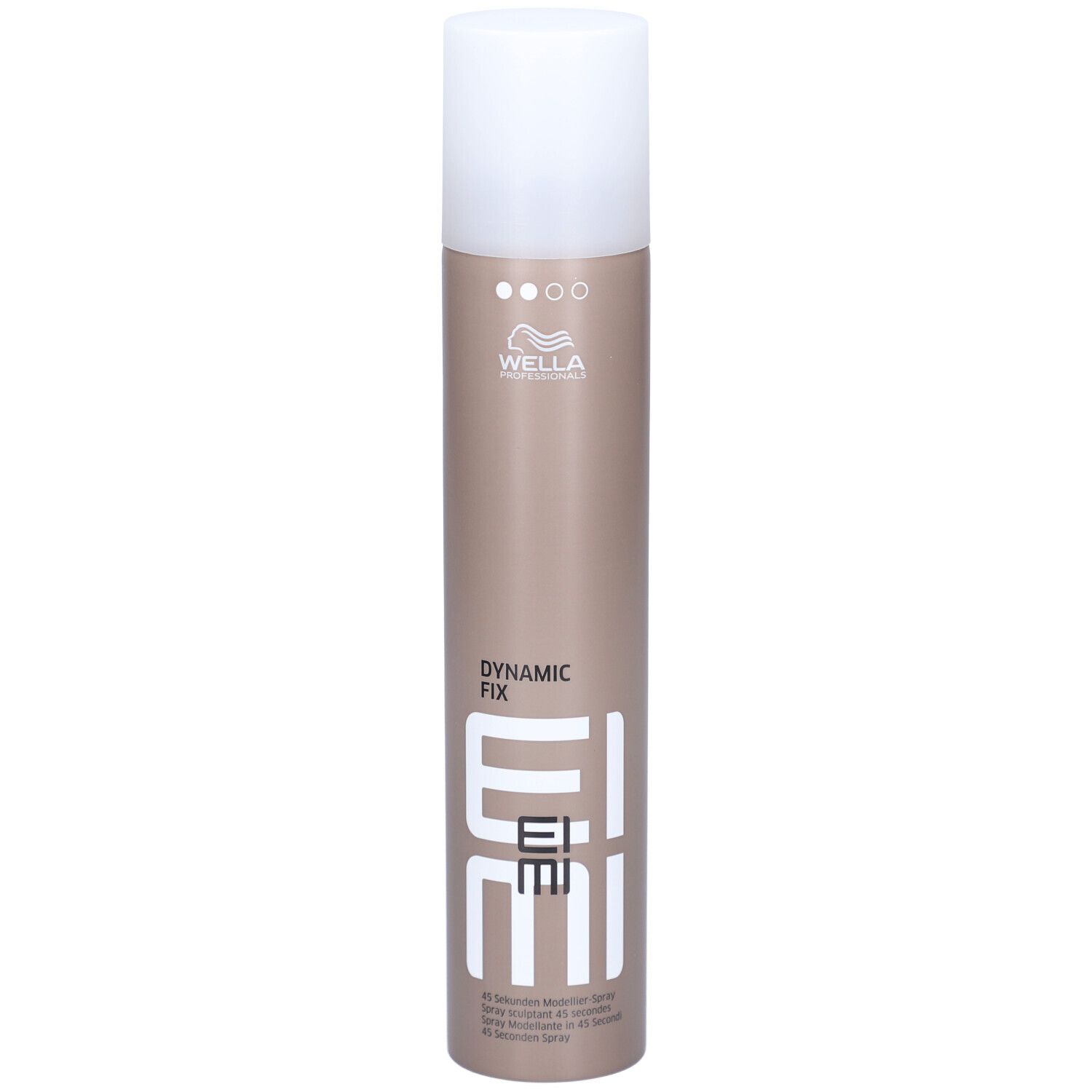 Bombe de laque pour cheveux avec bouchon blanc. Inscription: EIMI, Dynamic Fix. Marque: Wella.