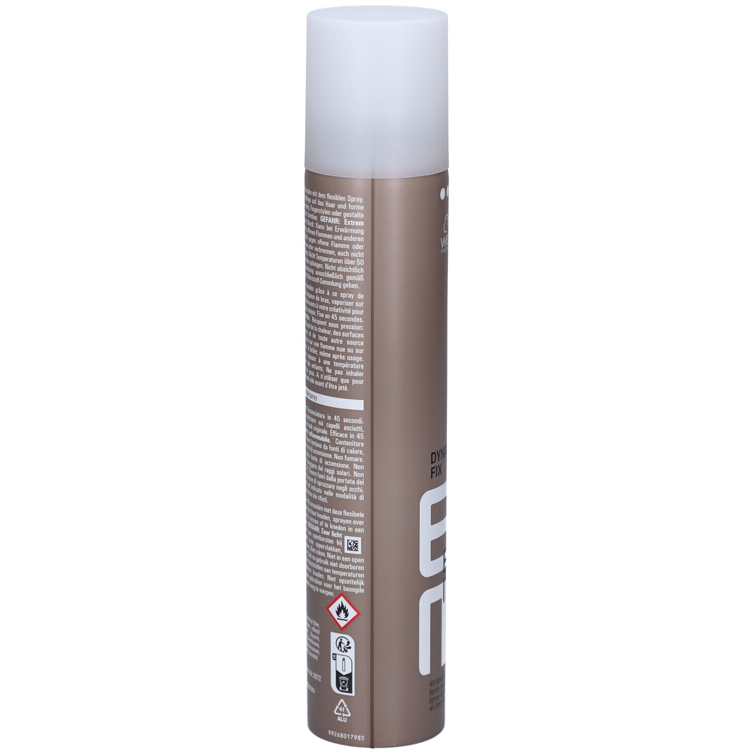 Bombe de laque, vue latérale. Texte sur la bombe. Marque: Wella.