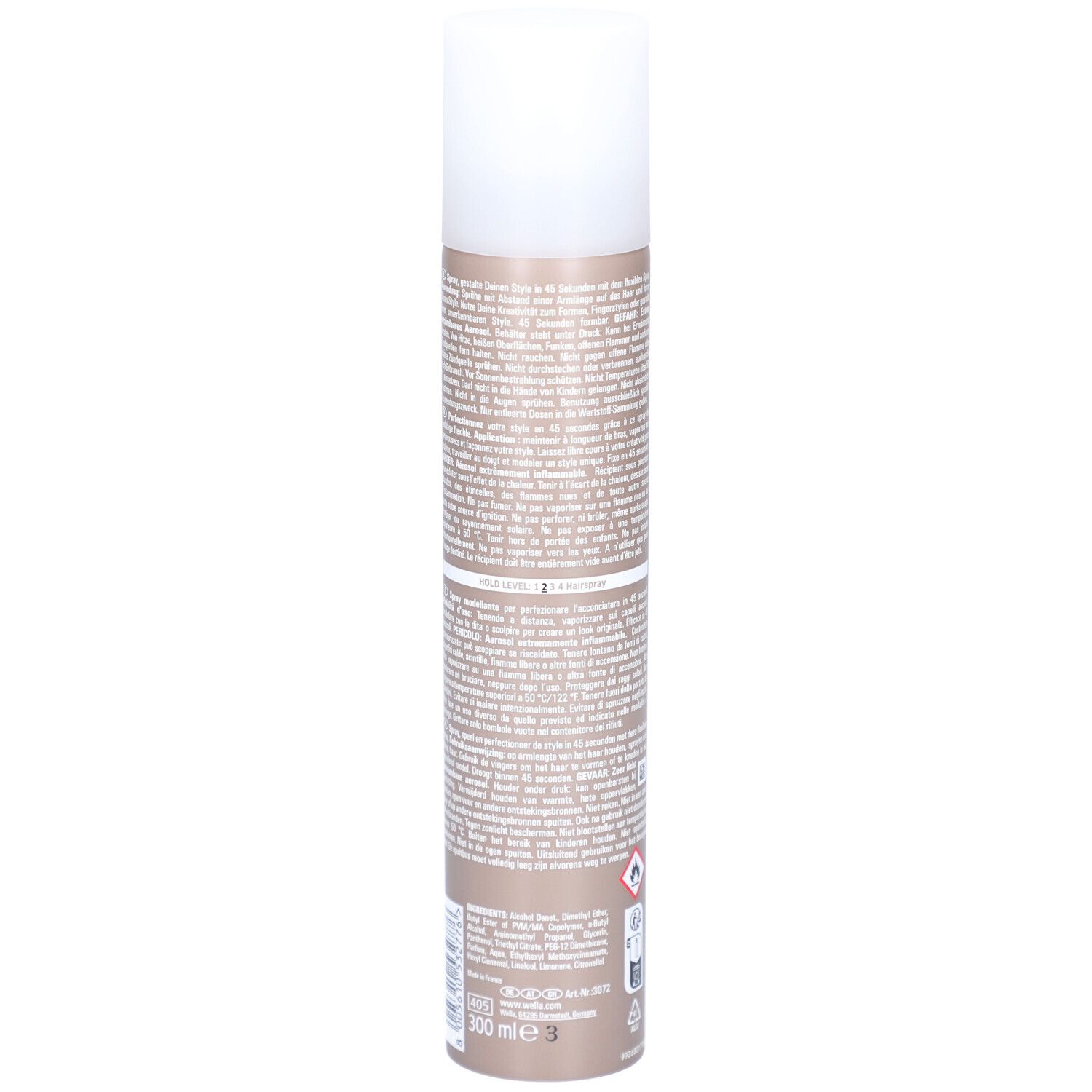 Bombe de laque, dos. Texte et symboles sur la bombe. Marque: Wella.
