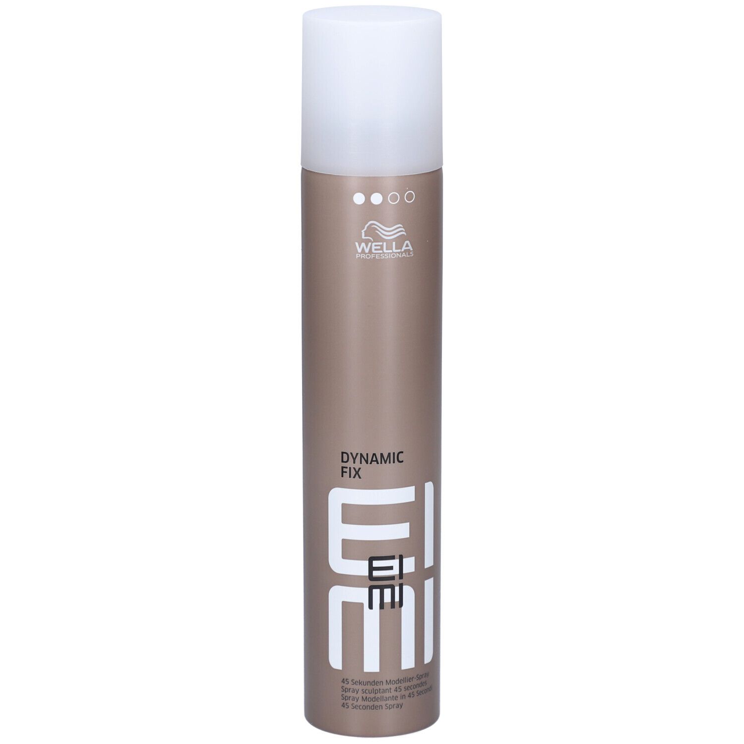 Bombe de laque pour cheveux avec bouchon blanc. Inscription: EIMI, Dynamic Fix. Marque: Wella.