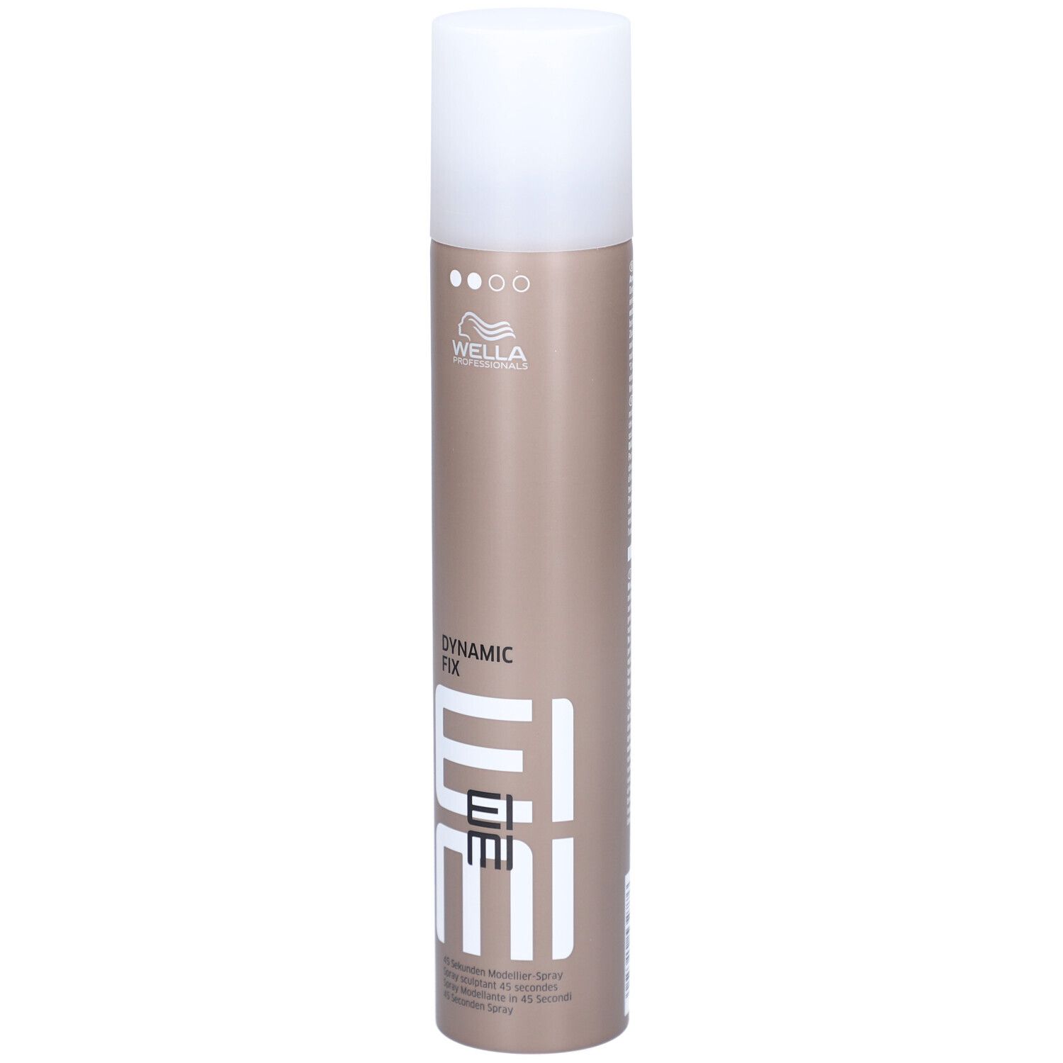 Bombe de laque pour cheveux avec bouchon blanc. Inscription: EIMI, Dynamic Fix. Marque: Wella.