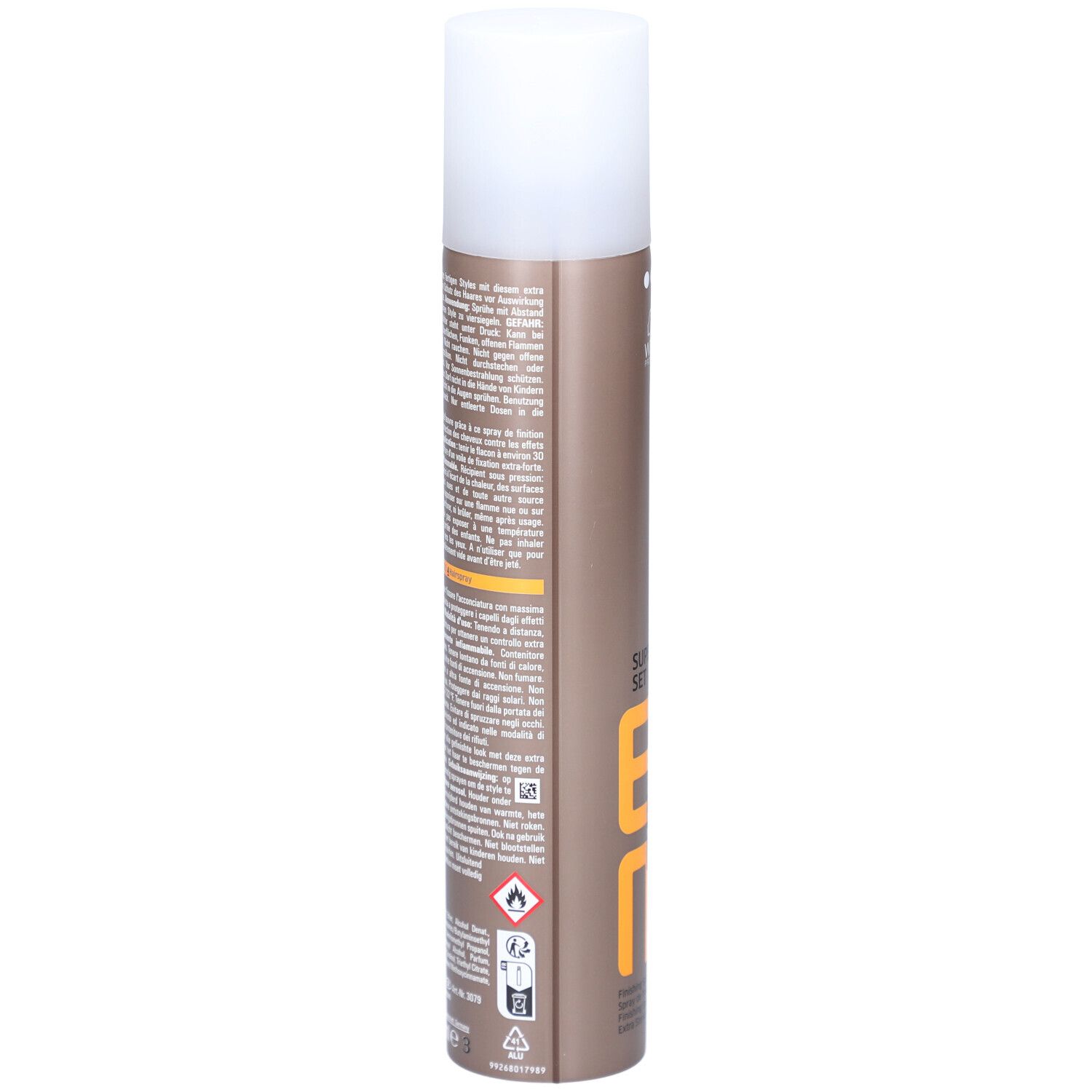 Haarspray-Dose, seitliche Ansicht. Text in mehreren Sprachen. Warnhinweise und Piktogramme.