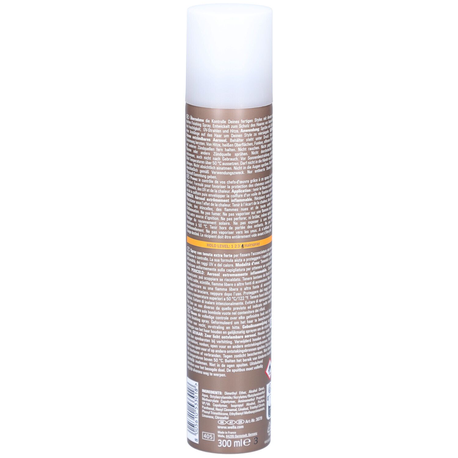 Haarspray-Dose, Rückseite. Text in mehreren Sprachen. Volumenangabe: 300 ml.